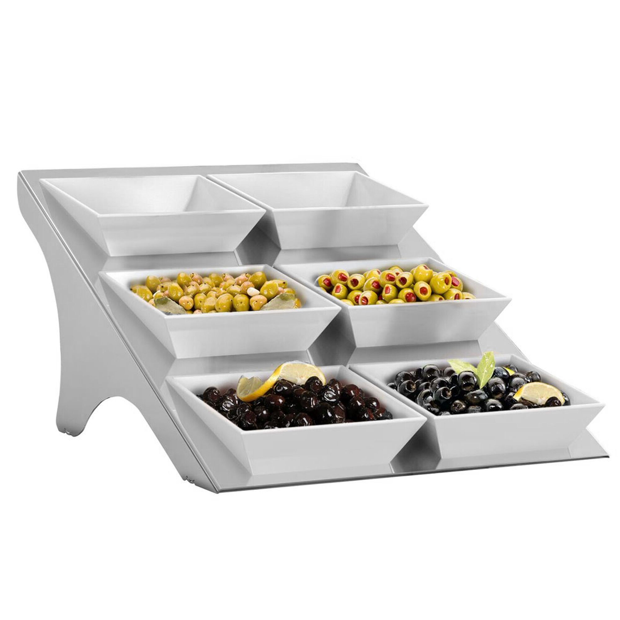 Présentoir buffet / étagère - chromé - incl. 6 bols en mélamine - rectangulaires