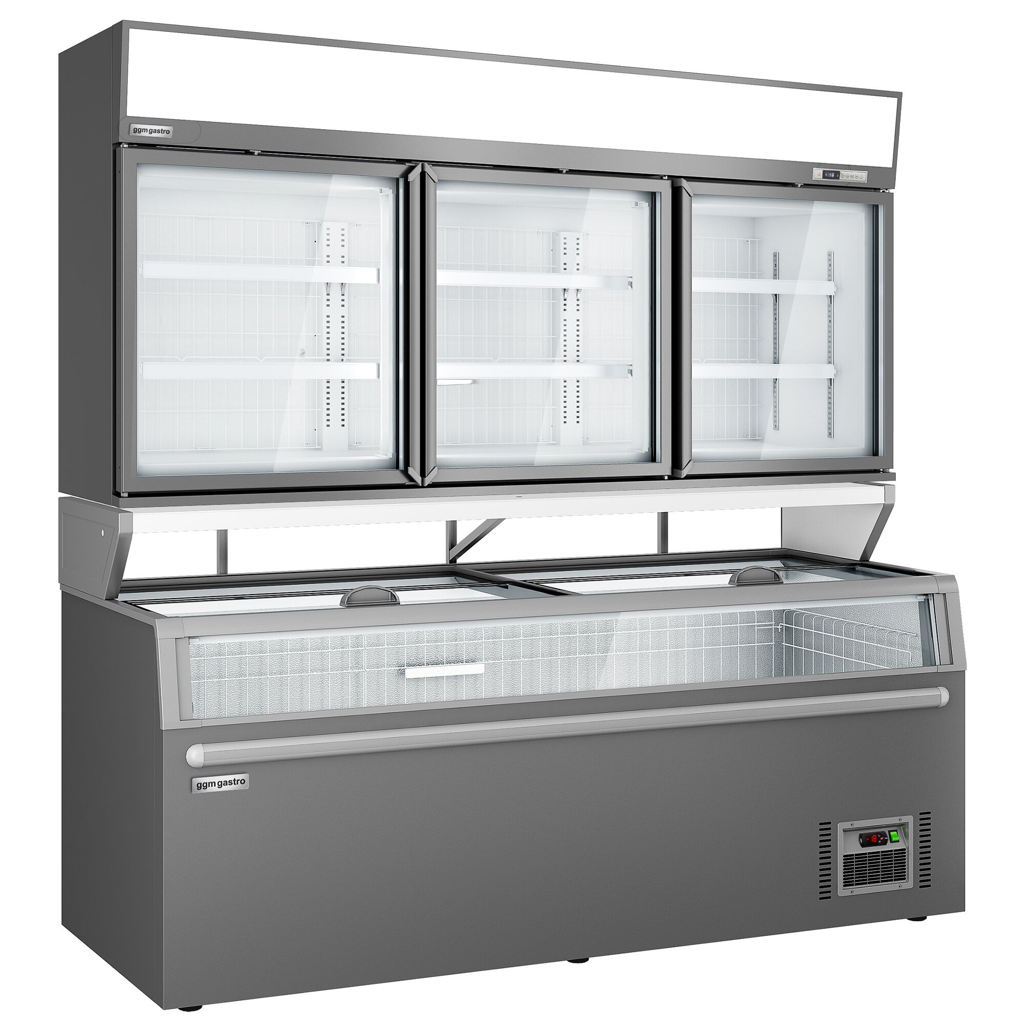 Vitrine murale de congélation pour supermarché - 3 portes - avec îlot de congélation inclus - Gris