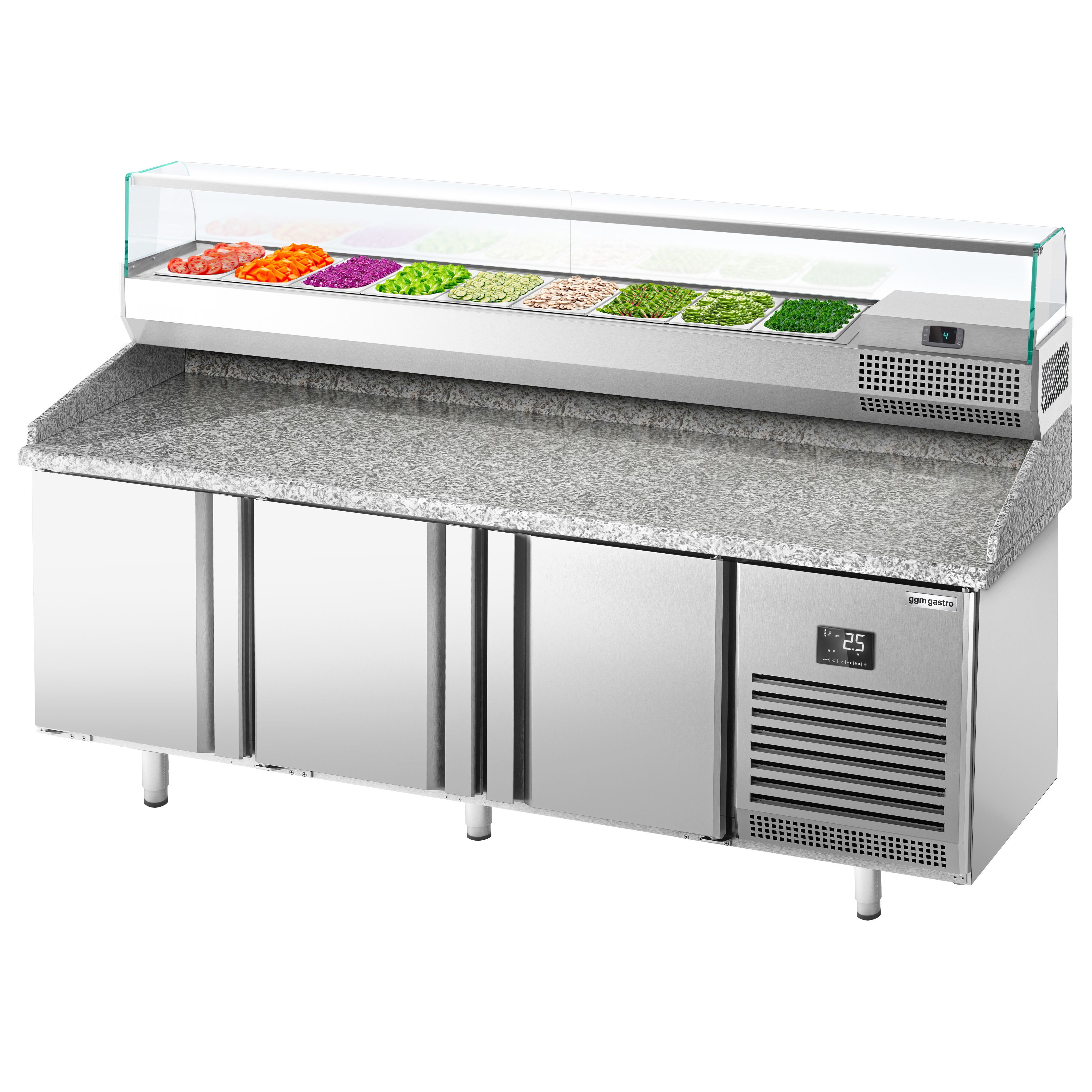 Table réfrigérée à pizza Premium PLUS - 1980 x 700 mm - avec 3 portes - incl. vitrine réfrigérée de présentation - 9x GN 1/4