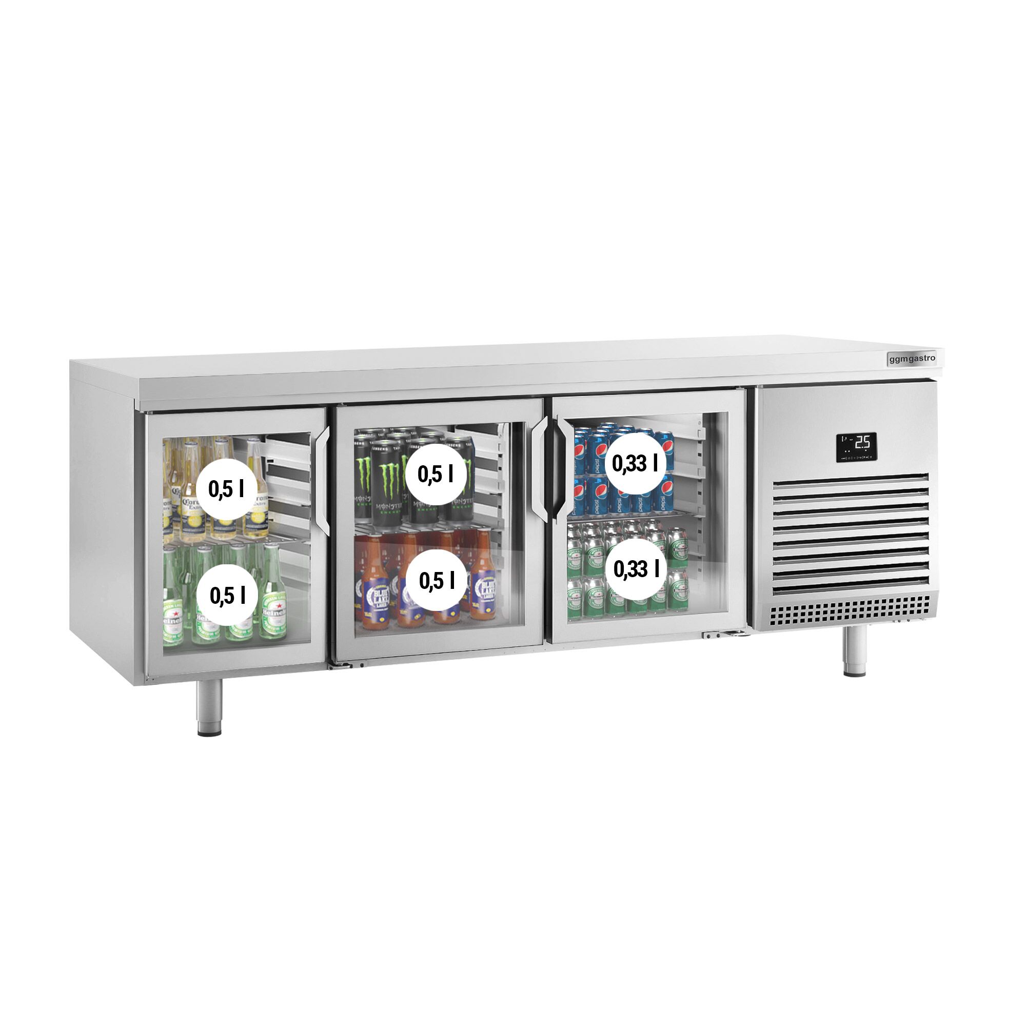 Commercial Back Bar Bottle Cooler PREMIUM PLUS - Bakery - 2185x800mm - 610L - with 6 Hinged Glass Doors, LED lighting, locks, fan-assisted cooling, auto defrost - Stainless Steel