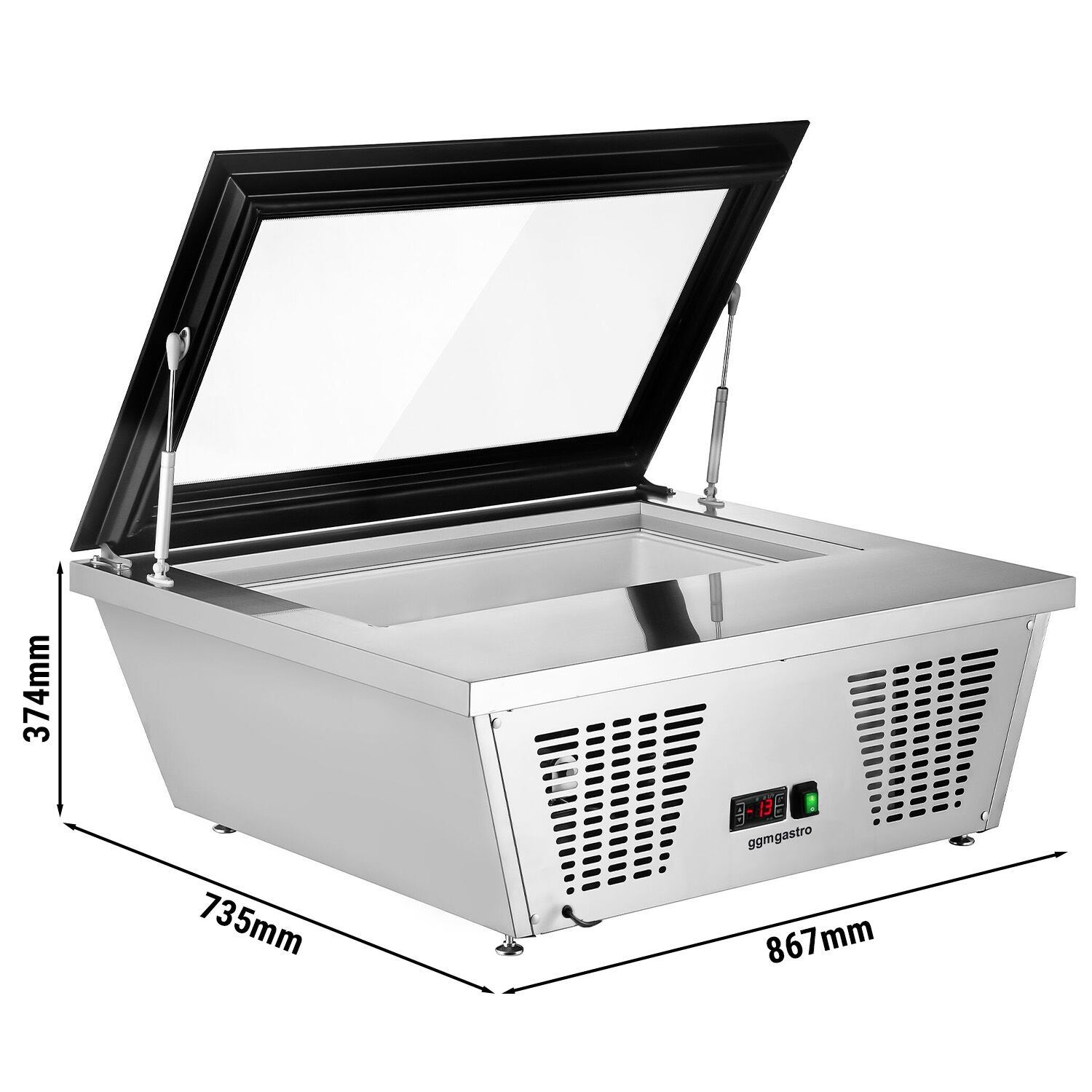 Vitrine à glaces à poser - 867mm - Froid statique - Couvercle vitré basculant - avec éclairage LED - pour 4 bacs de 5 L - Côté service