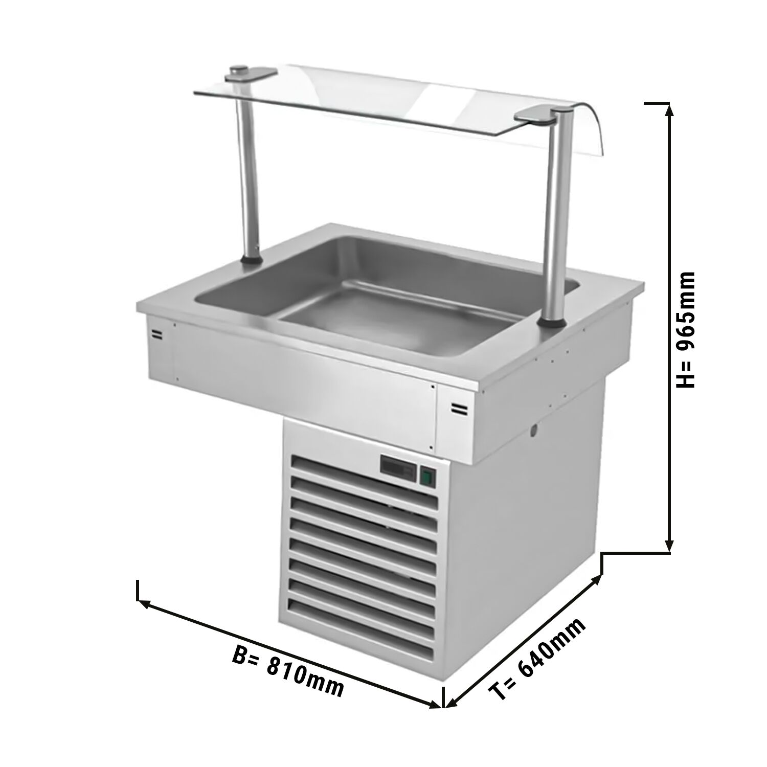 Commercial Drop-in Refrigerated Well - 810mm - +2 to +8°C - 2x GN 1/1 - 190W - Square Glass - with Glass Sneeze Guard
