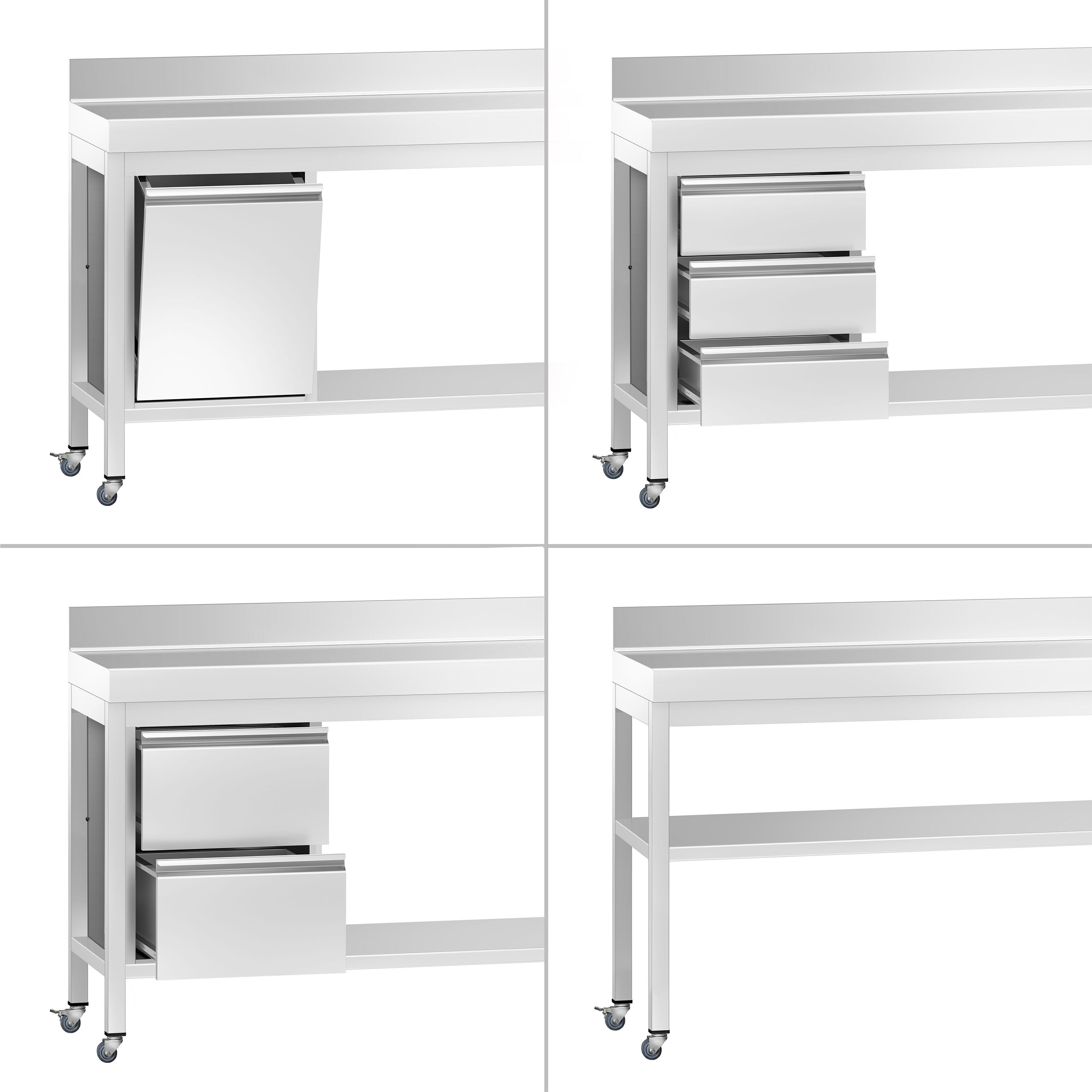 Table de travail en inox PREMIUM - 1500 x 800 mm - avec tablette inférieure, dosseret et roulettes