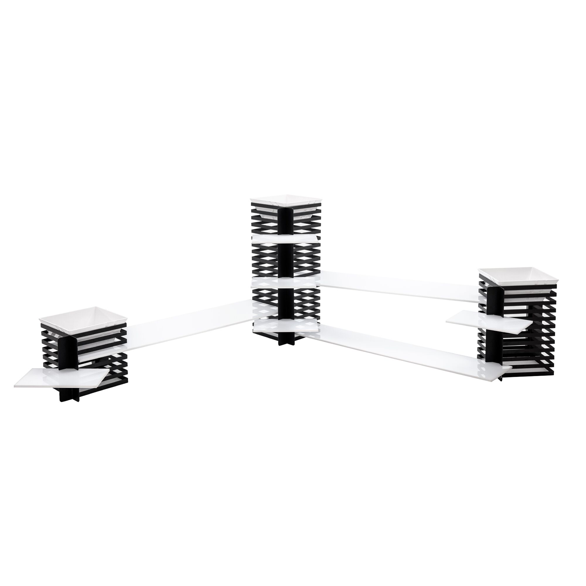 Etagere / Buffet Stand - Stainless steel frame & Plexiglas shelves - White with black columns - square - Height: 600mm - incl. 3 Melamine bowls