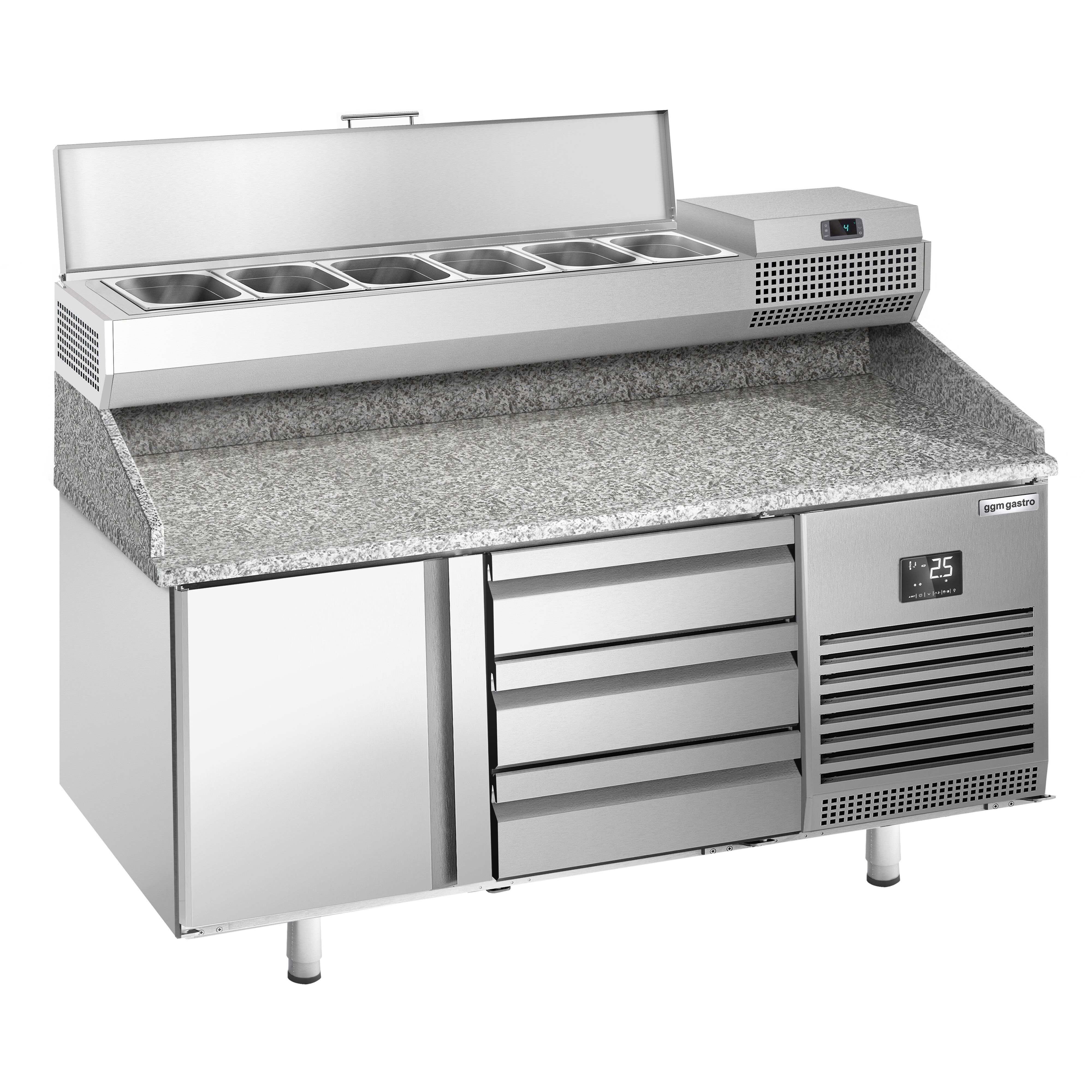 Table réfrigérée à pizza Premium PLUS - 1490x700 mm - avec 1 porte & 3 tiroirs - incl. vitrine réfrigérée - 6x GN 1/4