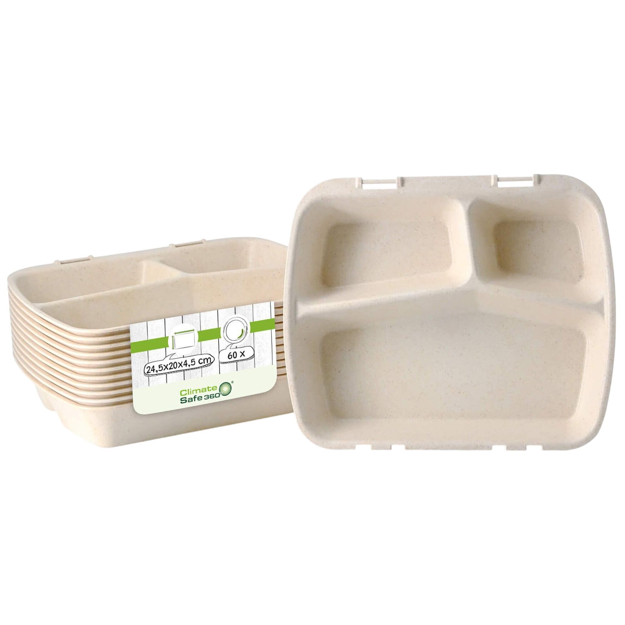 (60 pcs) Barquette réutilisable 3 compartiments - 245x200mm - Crème - Empilable