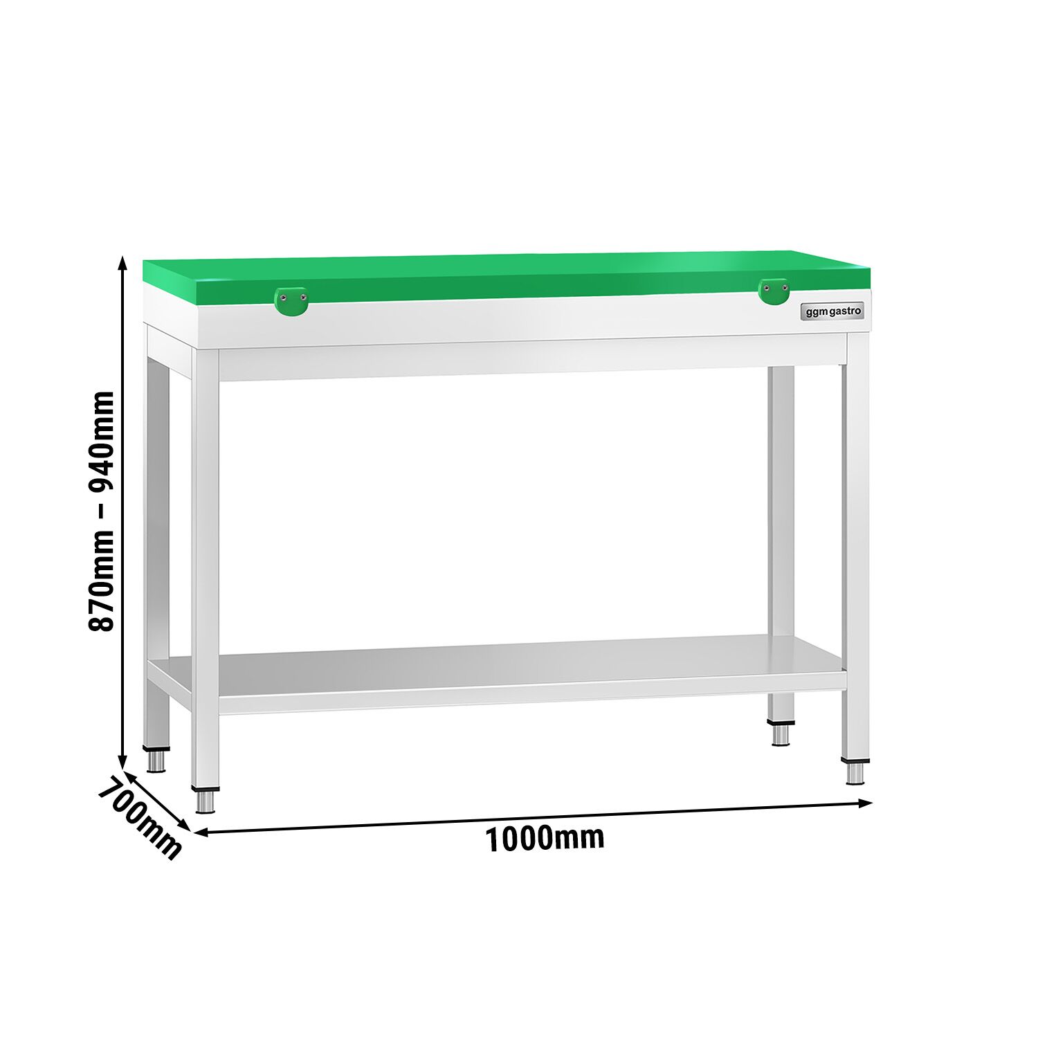 Table de travail inox PREMIUM - 1000 x 700 mm - avec tablette inférieure - incl. Planche à découper Verte