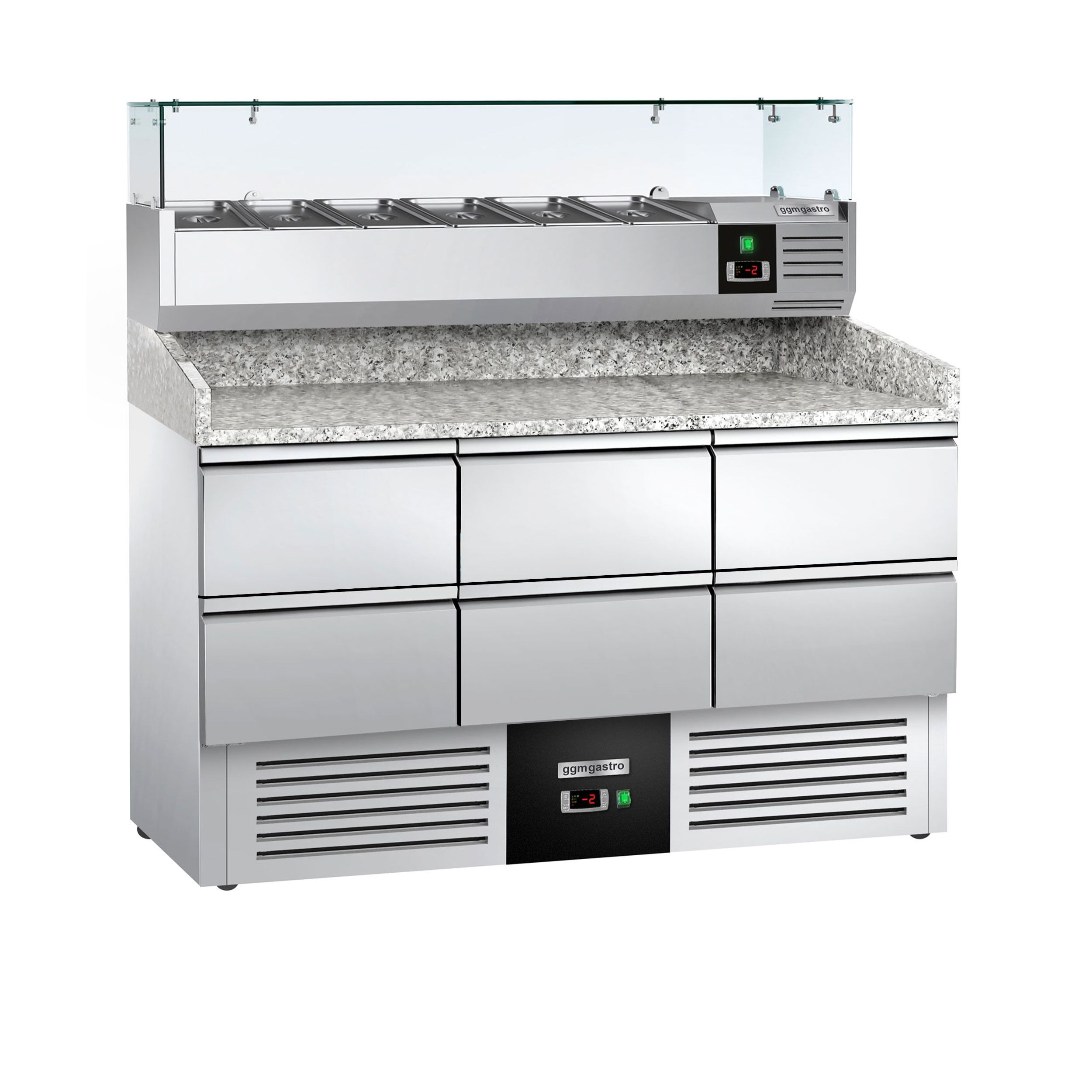 Table réfrigérée à pizza PREMIUM - 1400 x 700 mm - avec 6 tiroirs 1/2 - incl. vitrine réfrigérée avec 6 x GN 1/4