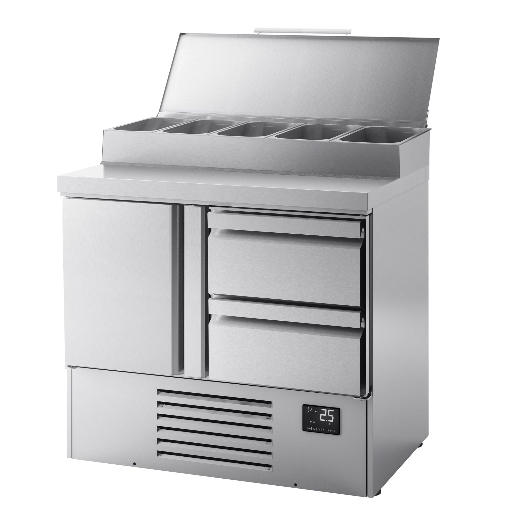 Table réfrigérée de préparation Mini - 978 x 700 mm - avec 1 porte et 2 tiroirs - avec superstructure en inox 5 x GN 1/4
