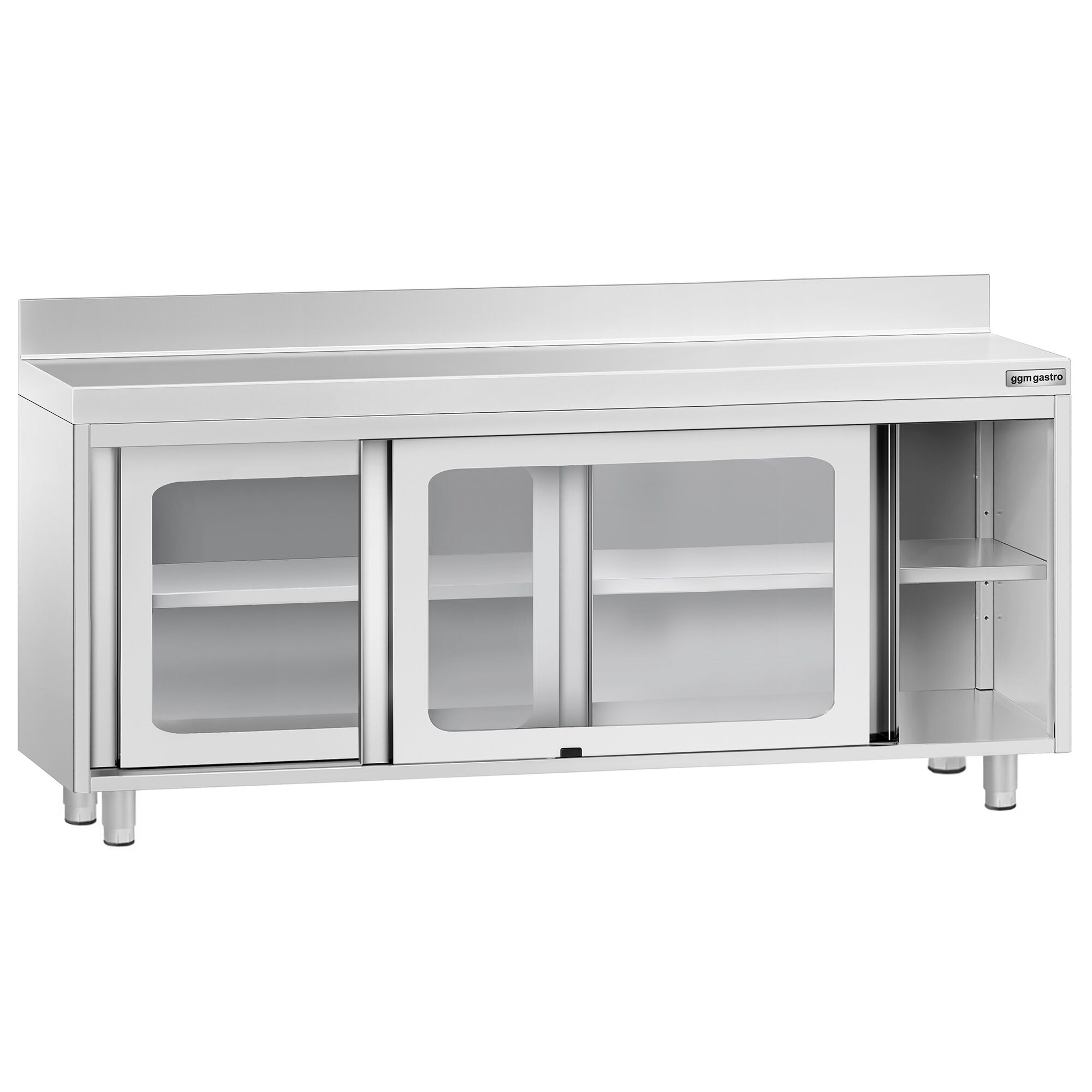Table armoire en acier inoxydable PREMIUM - 1800x700mm - avec portes coulissantes vitrées - avec dosseret