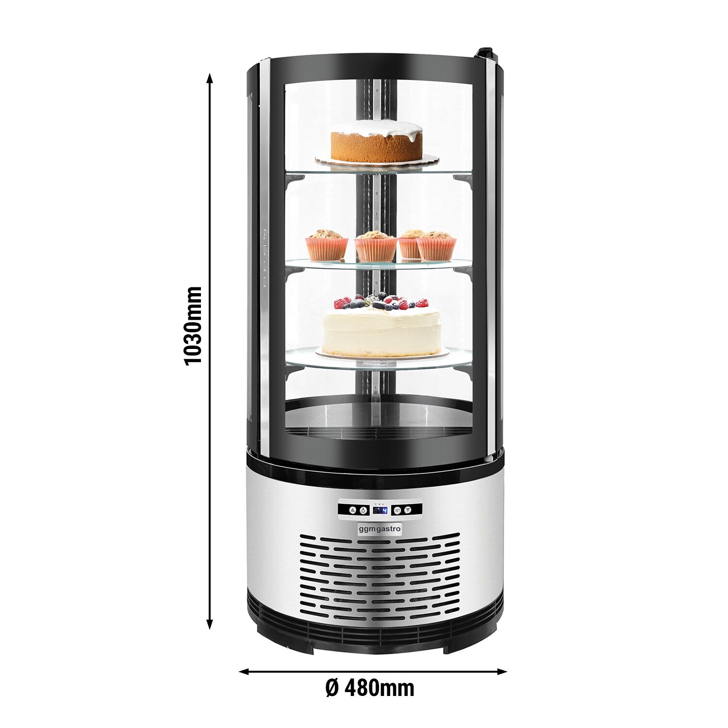 Vitrine réfrigérée 4 faces vitrées / Vitrine panoramique de table – 100 litres – 480 mm – 3 étagères – Noir
