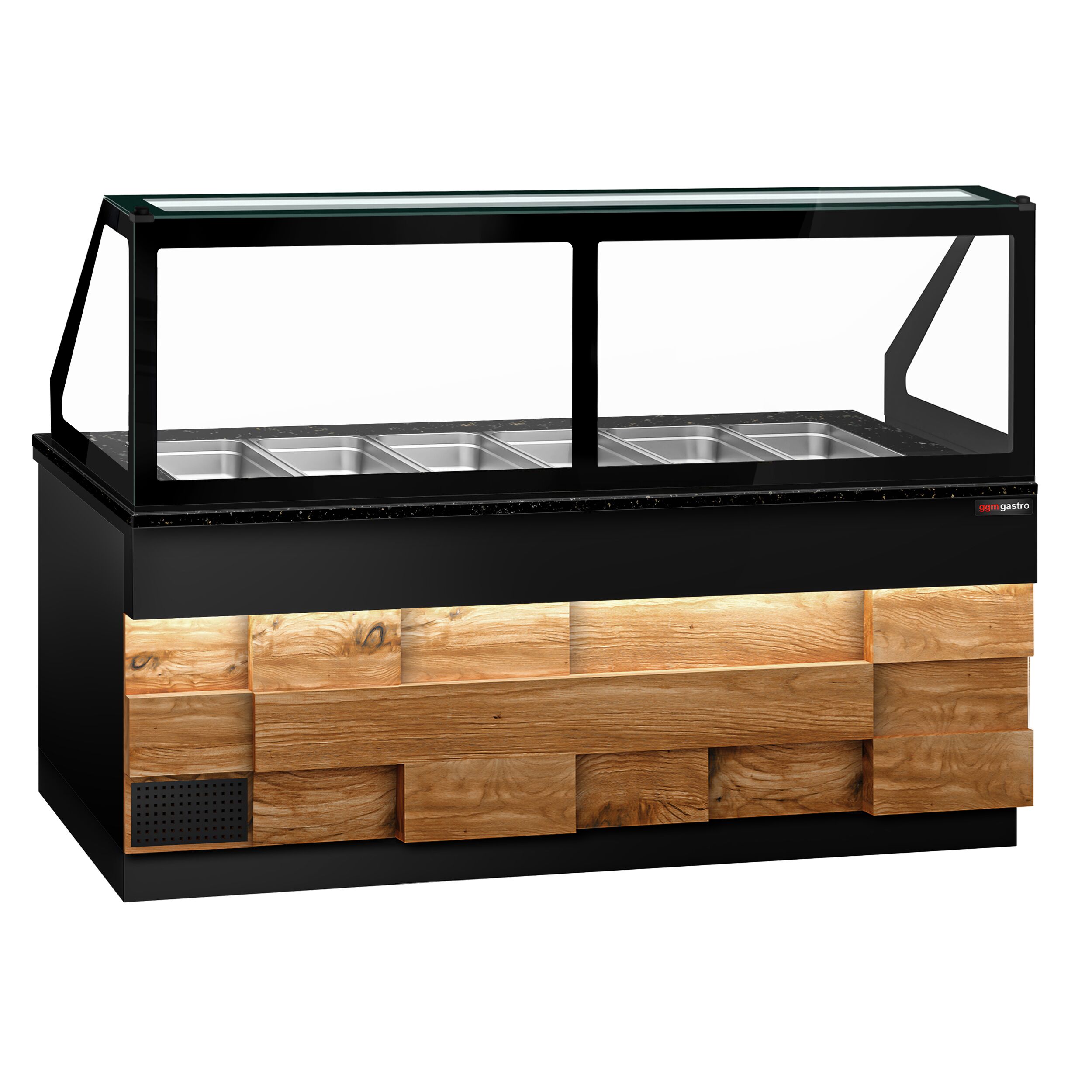 Saladette réfrigérée - 2550mm - façade décor bois naturel - 4 portes - avec vitrine de comptoir pour 6x GN 1/1 & 1 étagère - plan de travail en granit noir