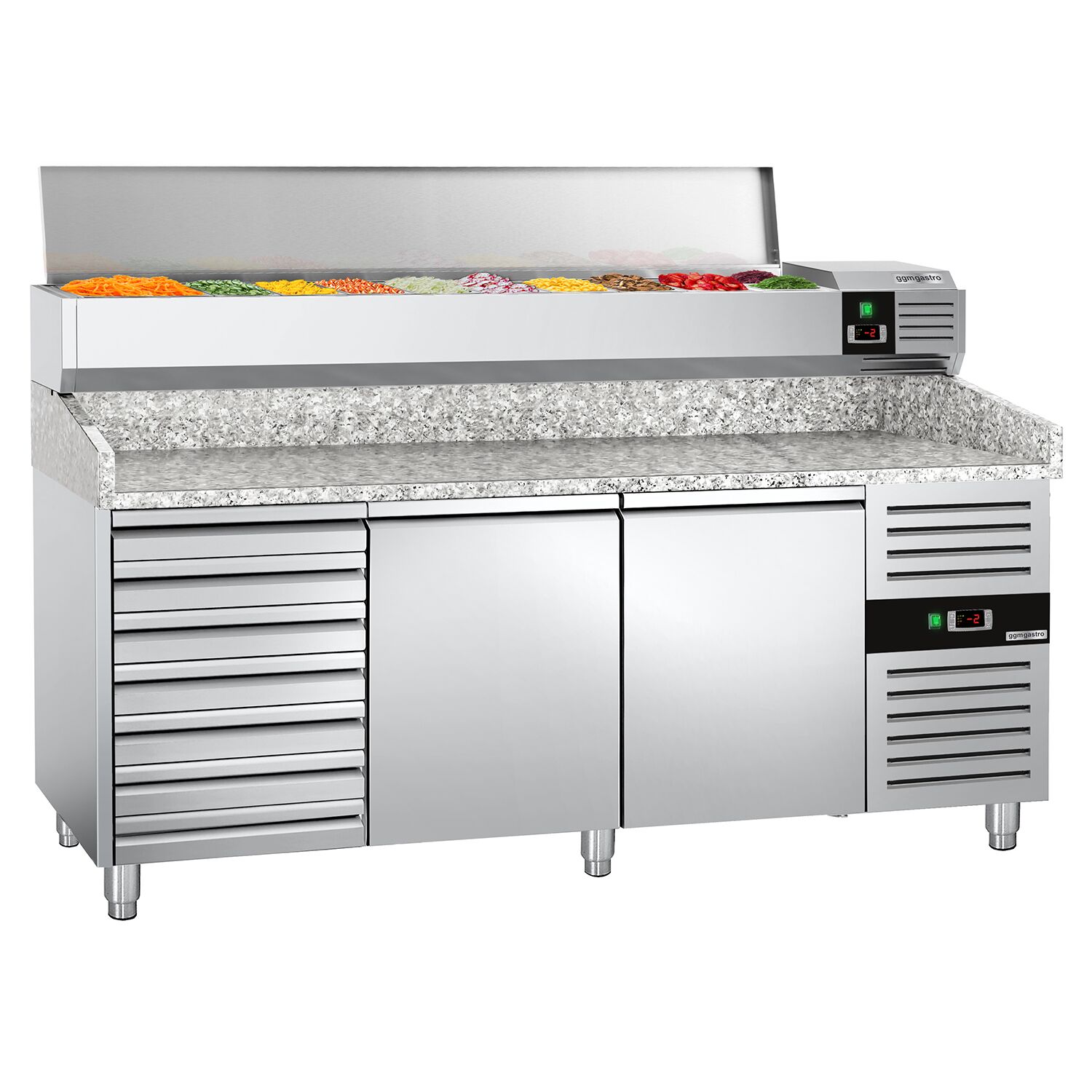 Table réfrigérée à pizza PREMIUM - 2000 x 800 mm - avec 2 portes et 7 tiroirs - incl. vitrine réfrigérée - 10 x GN 1/4