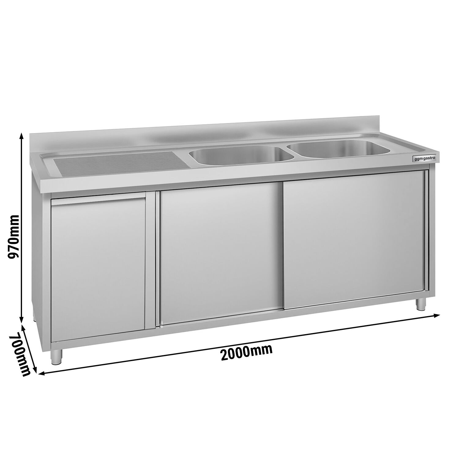 Meuble évier ECO - 2000 x 700 mm - avec poubelle & 2 bacs à droite