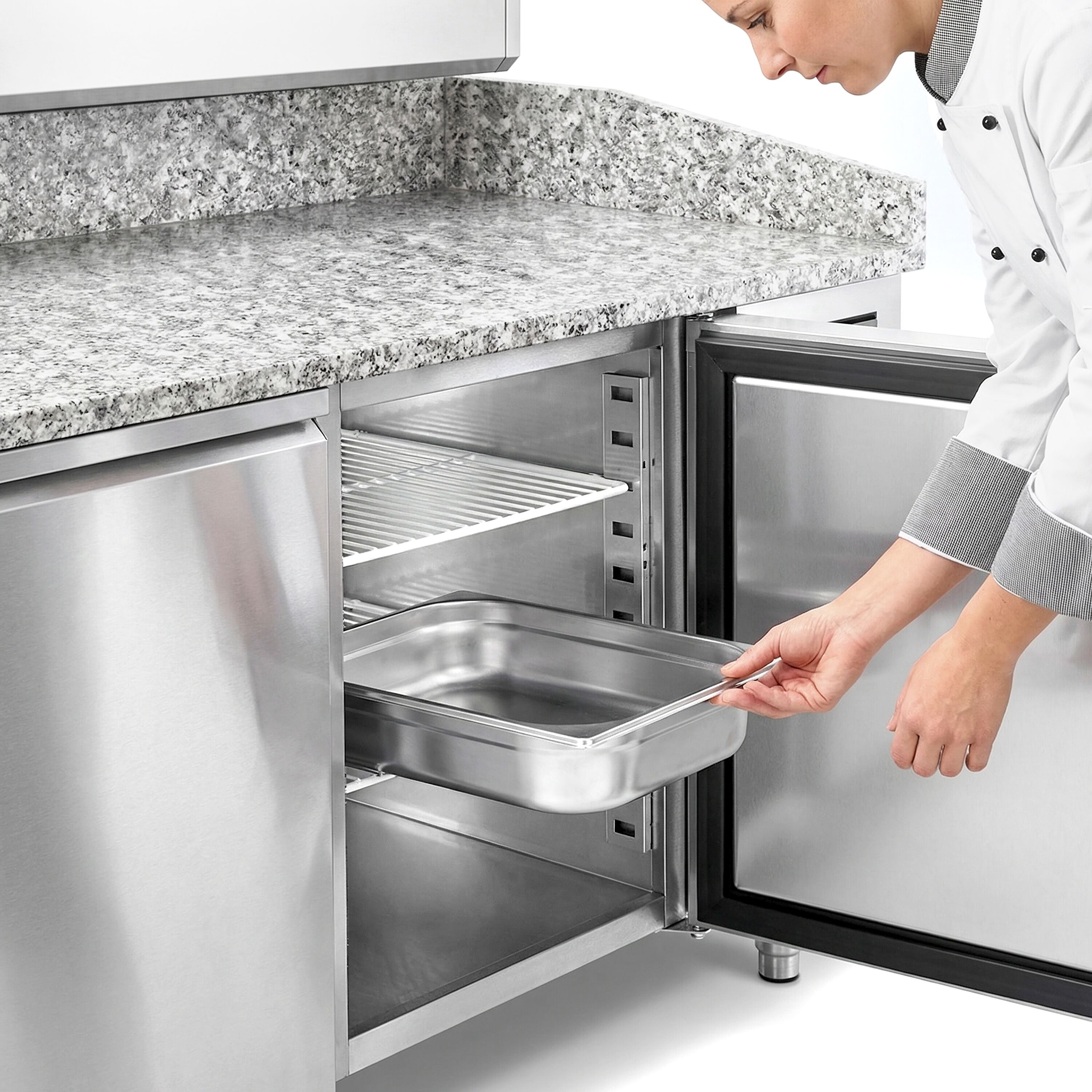 Pizzakylbänk ECO - 1500x800 mm - granitskiva - med 2 dörrar - inkl. kylränna med glastopp - 6x GN 1/3
