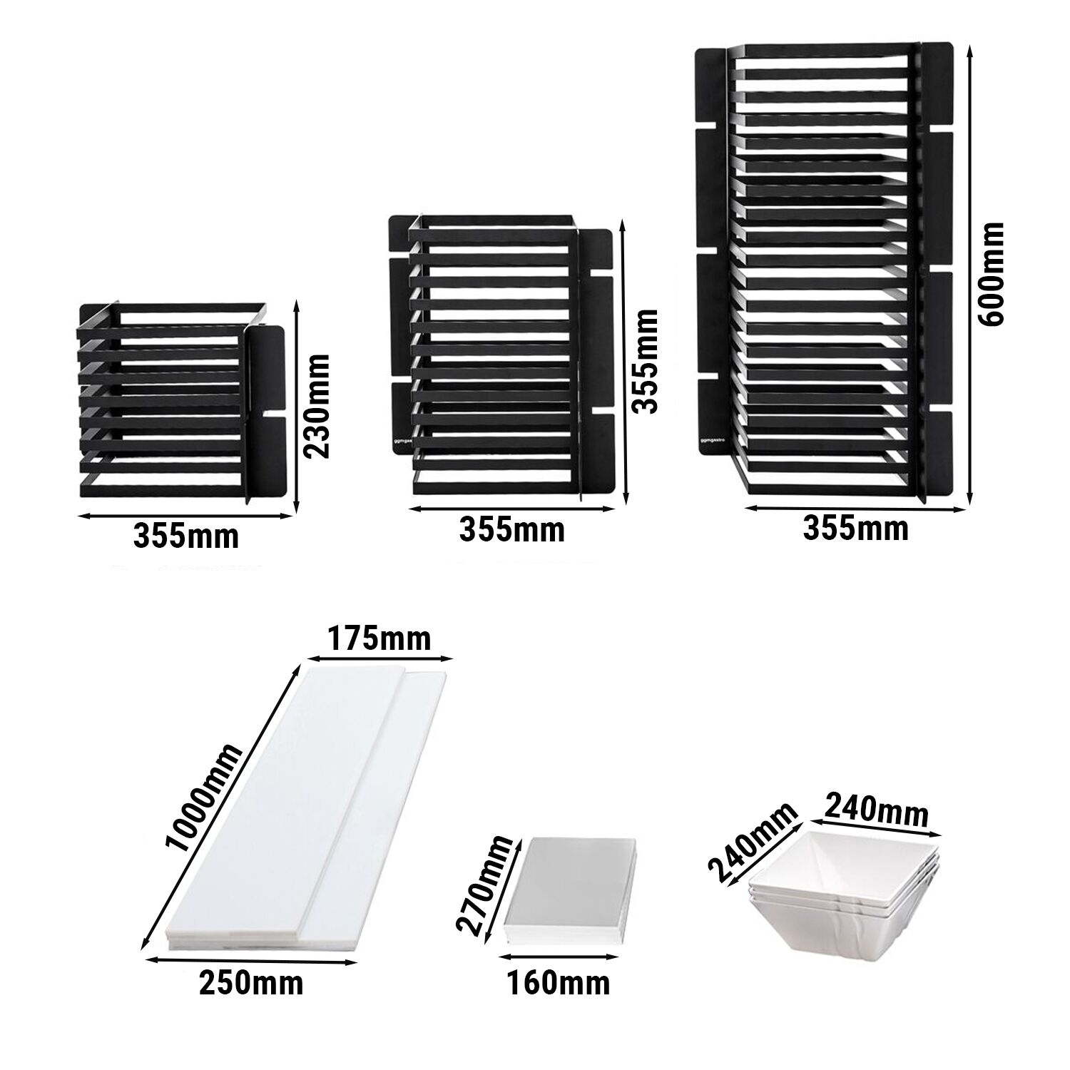 Etagere / Buffet Stand - Stainless steel frame & Plexiglas shelves - White with black columns - square - Height: 600mm - incl. 3 Melamine bowls