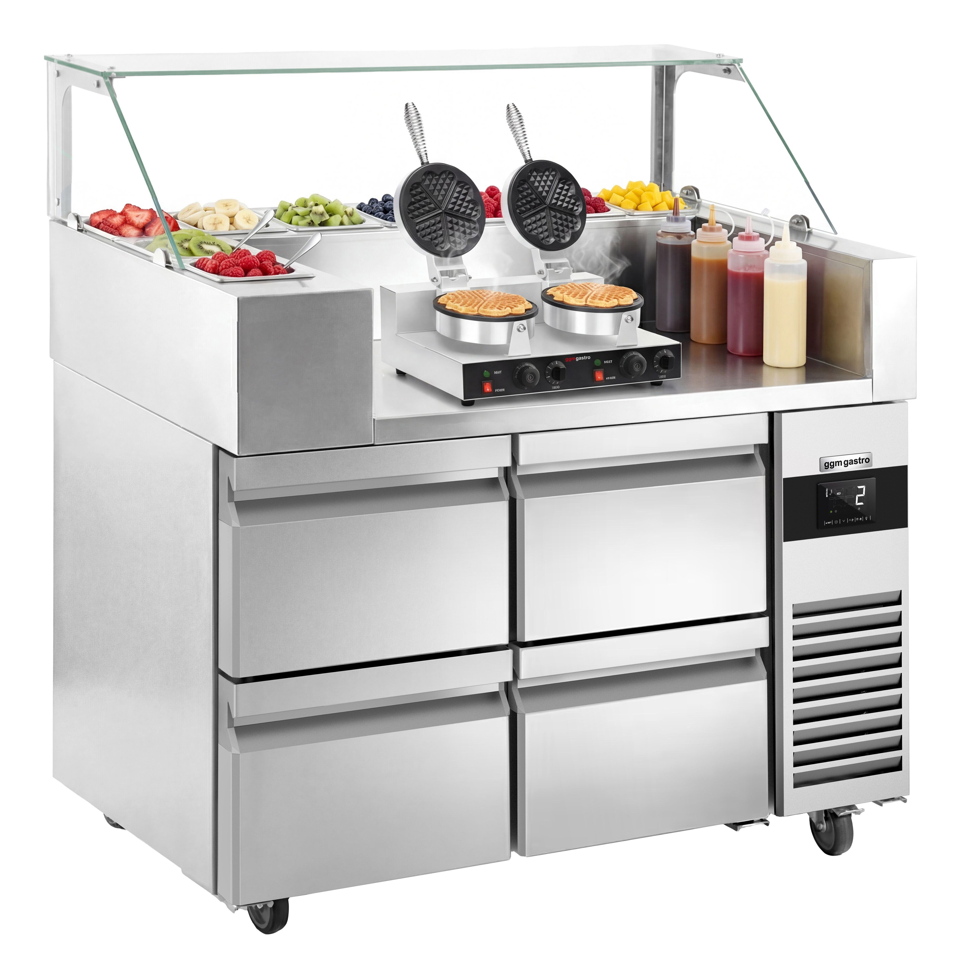Table de préparation – 1210 mm – 4 tiroirs – pour 9× GN 1/6 – incl. gaufrier – Forme cœur