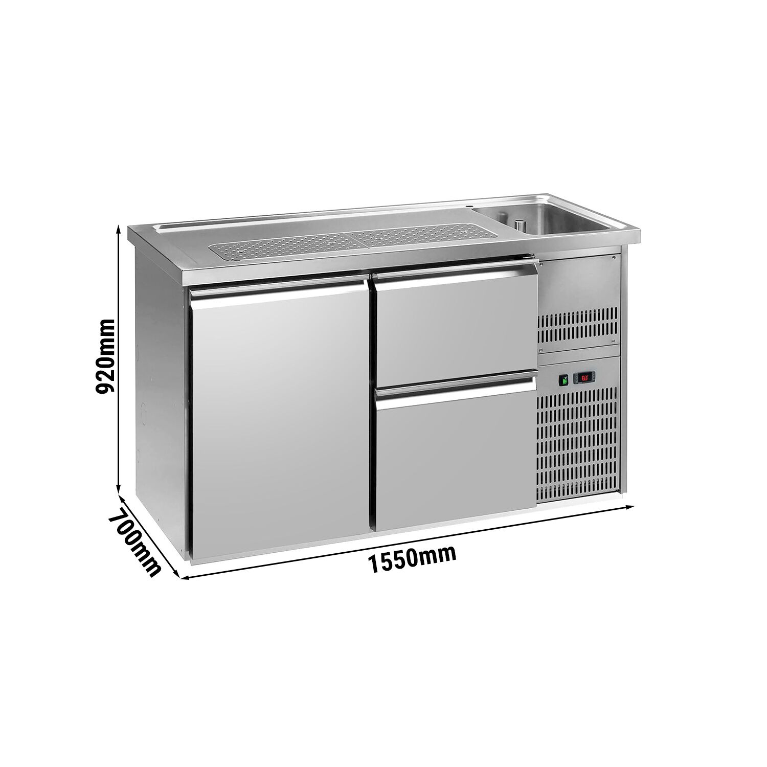 Comptoir de bar réfrigéré Premium PLUS – 1550 × 700 mm – 1 porte & 2 tiroirs