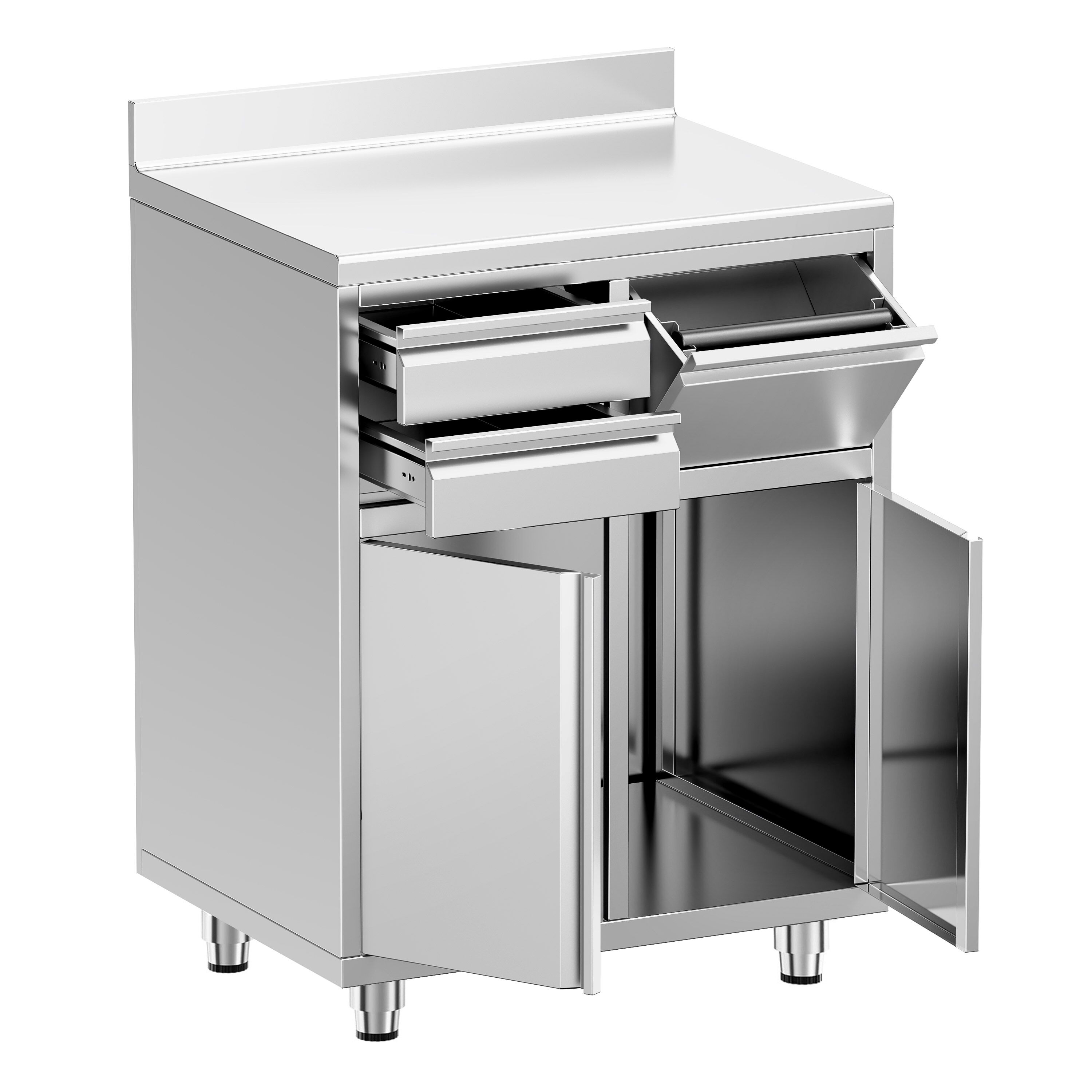 Table armoire en acier inoxydable - 800x600mm - avec portes battantes et 2 tiroirs - avec dosseret - pour cafetière à filtre