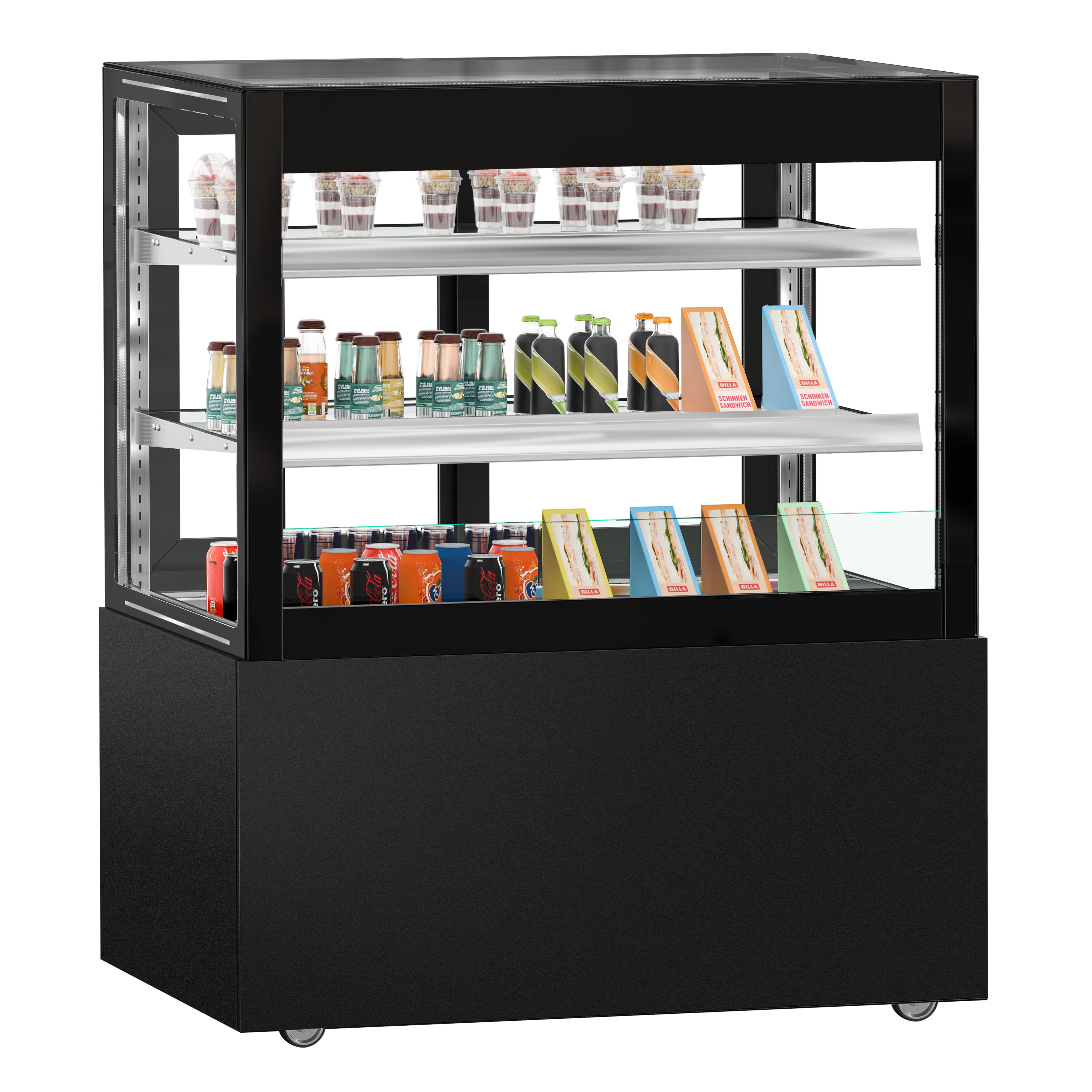 Vitrine à pâtisserie réfrigérée MADRID Self-Service - 435L - 1000mm - Double vitrage - avec 2 étagères en verre - portes coulissantes vitrées arrière - avec rideau de nuit - pour pâtisseries - Pour FR - Noir mat