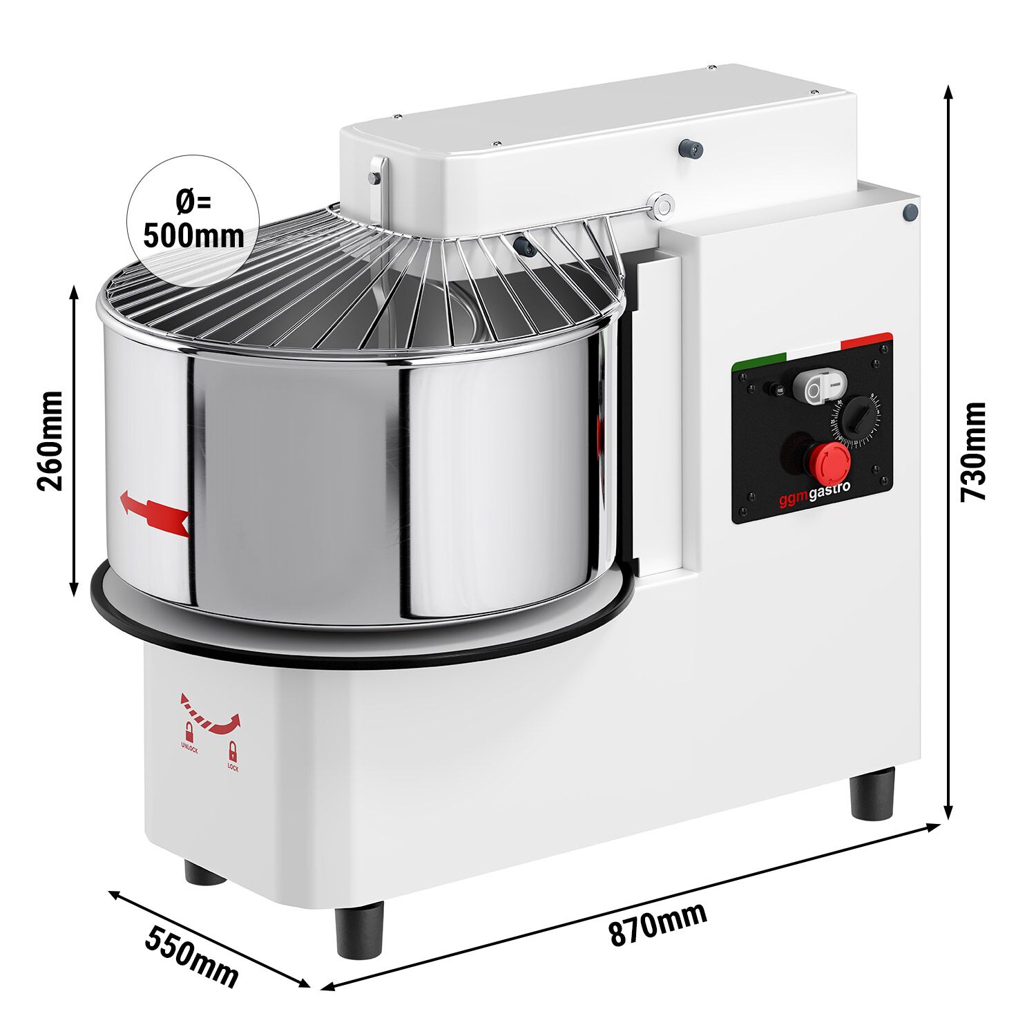 Pétrin à Pâte / Pétrin à spirale - 53 Litres / 44 kg - 1 Vitesse - Cuve Amovible & Tête Relevable - Fonction Minuterie
