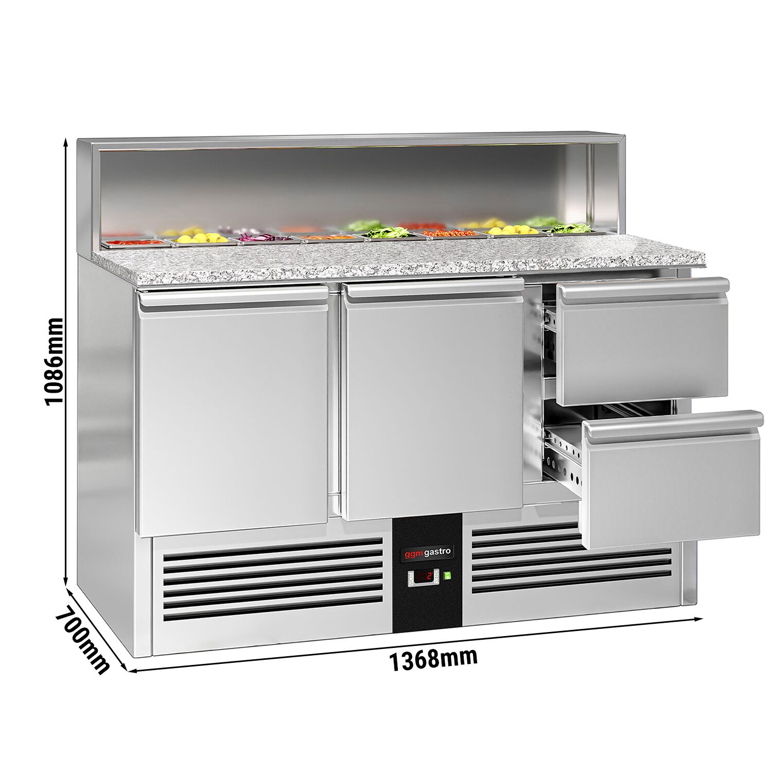 Saladette réfrigérée PREMIUM - 1368mm - 402L - 2 portes & 2 tiroirs - avec découpe pour 8x GN 1/6 & Couvercle inox - plan de travail en granit noir