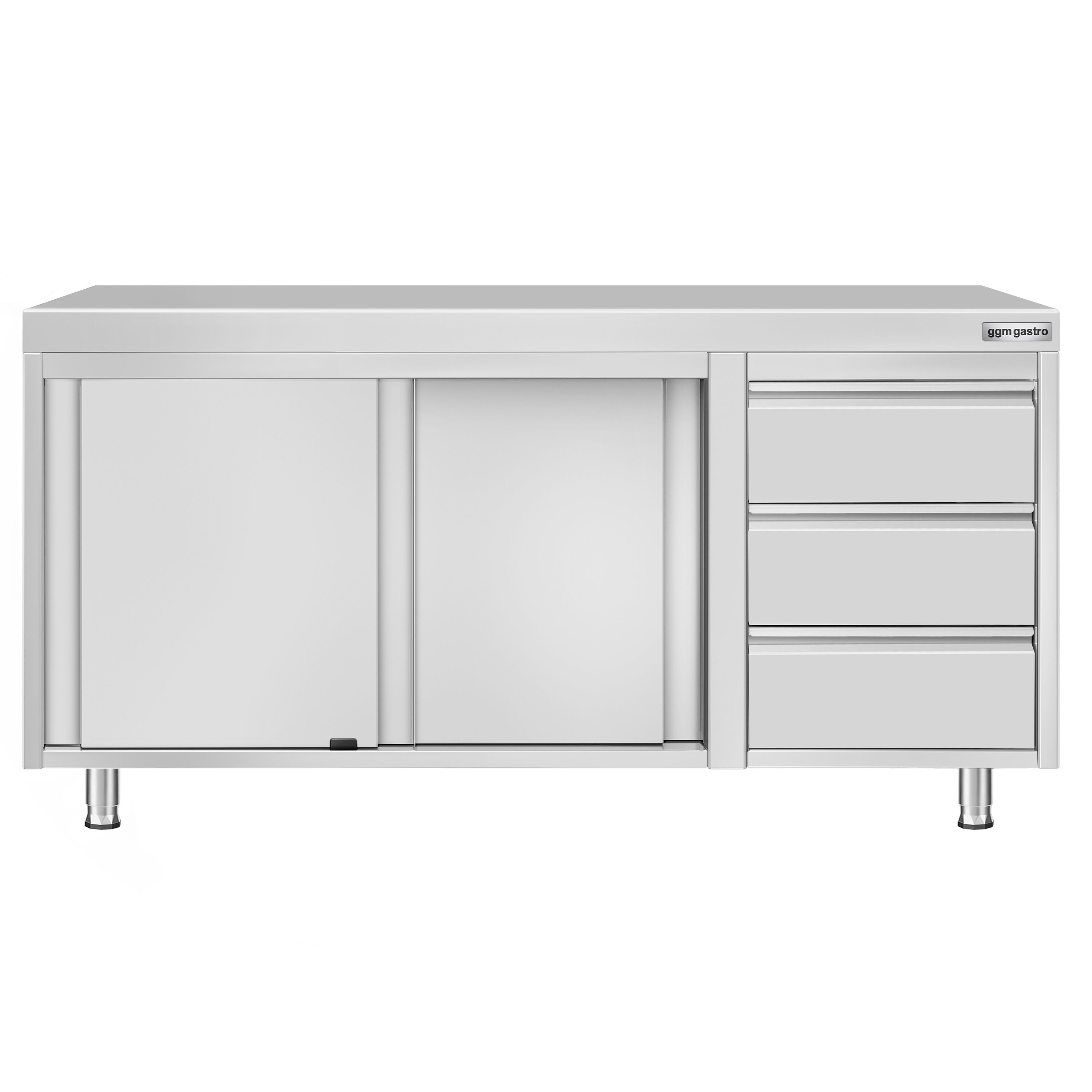 Table armoire en acier inoxydable ECO - 1600x600mm - avec portes coulissantes et 3 tiroirs à droite
