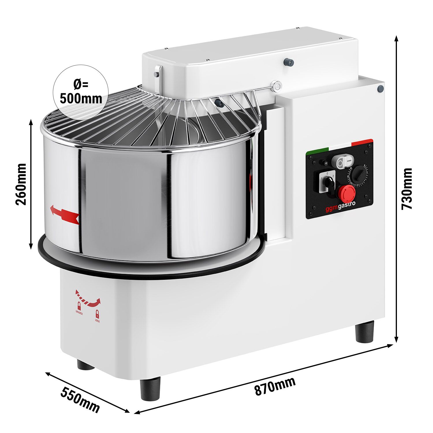 Pétrin à Pâte / Pétrin à spirale - 53 Litres / 44 kg - 2 Vitesses - Cuve Amovible & Tête Relevable - Fonction Minuterie
