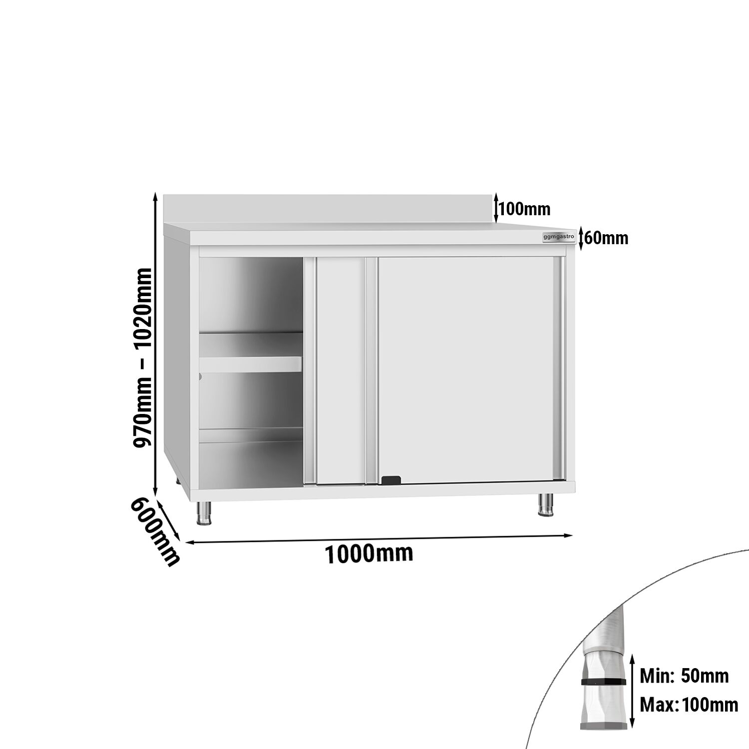 Table armoire en acier inoxydable Flex ECO - 1000x600mm - avec portes coulissantes - avec dosseret