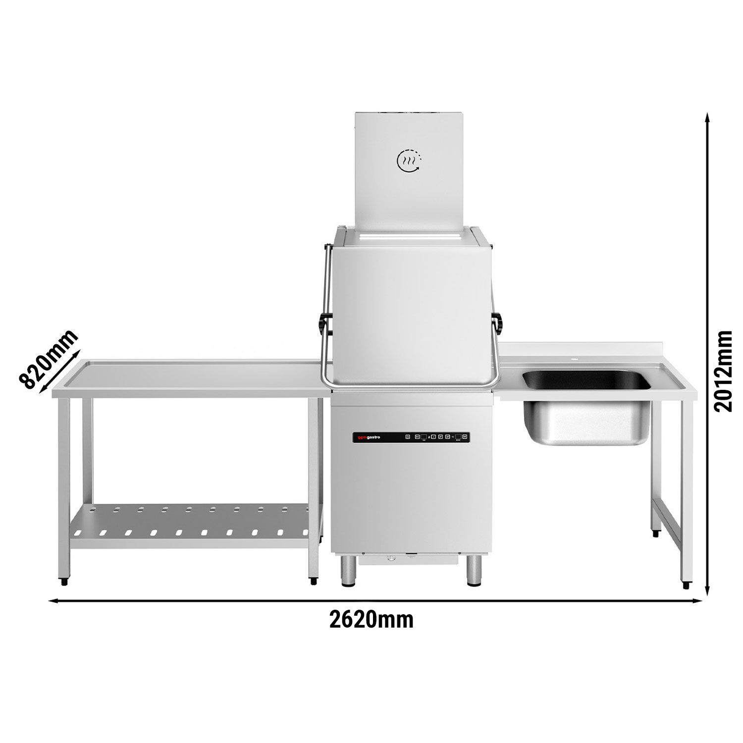 Lave-vaisselle à capot – Numérique – 8,7 kW – avec récupération de chaleur, pompe de détergent, de rinçage et de vidange – avec table d’entrée à droite et table de sortie à gauche incluses