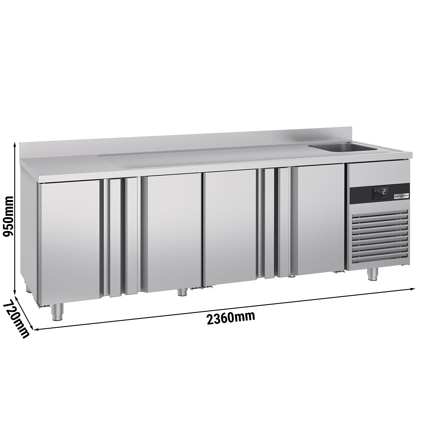 Table réfrigérée PREMIUM - 2360x700 mm - avec 4 portes, 1 bac à droite - avec dosseret