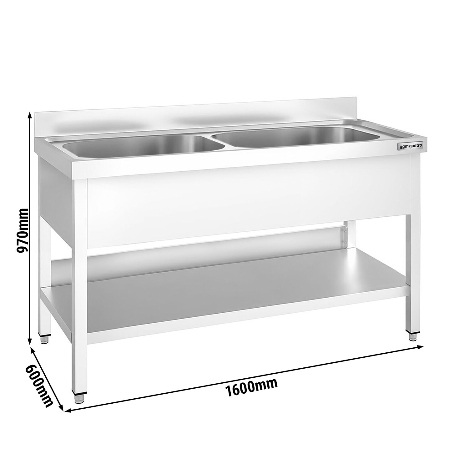 Plonge à marmites en inox PREMIUM - 1600x600mm - avec étagère basse & 2 bacs