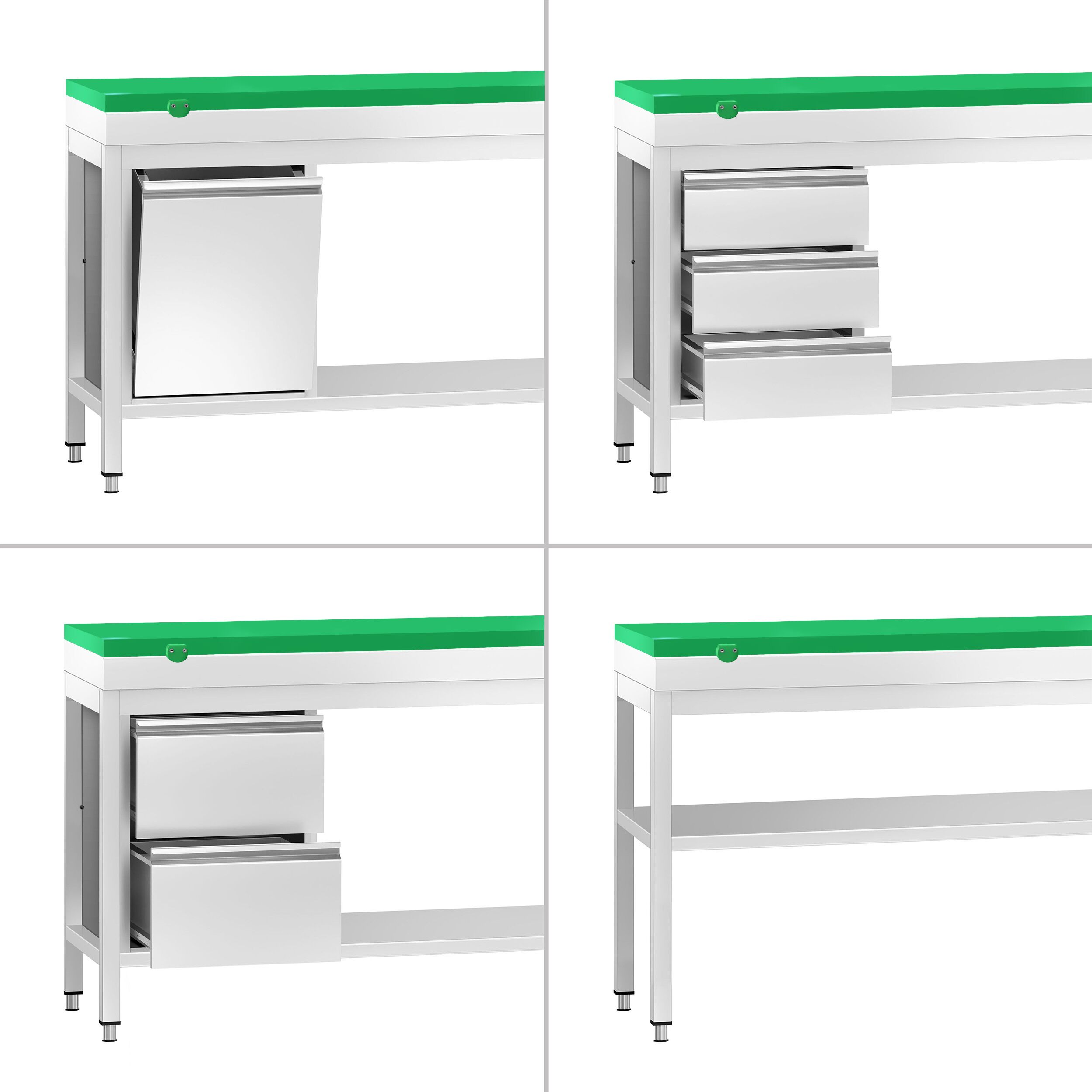 Stół roboczy centralny ze stali nierdzewnej PREMIUM - 700x700mm - z półką - z deską do krojenia Zielony