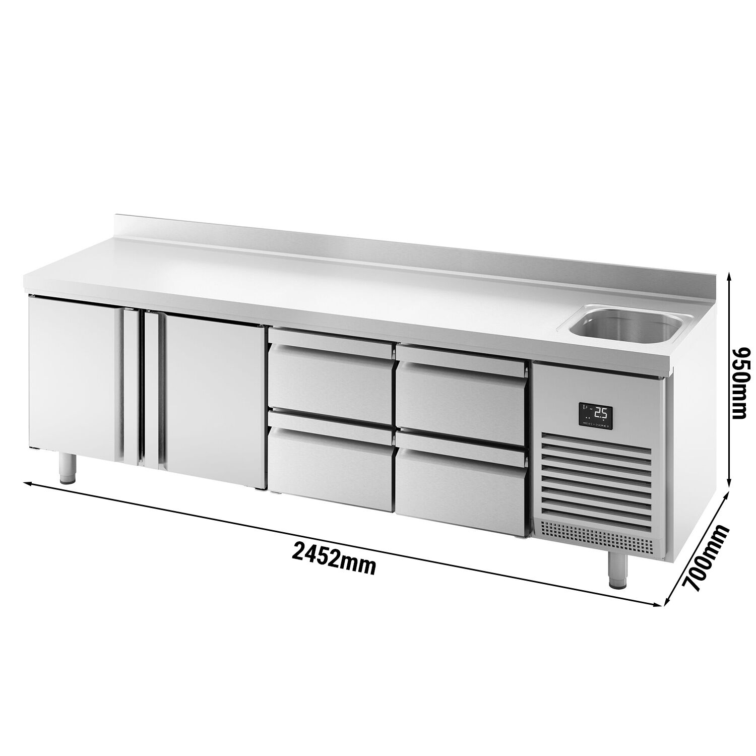 Table réfrigérée Premium PLUS - 2452 x 700 mm - avec 1 bac, 2 portes, 4 tiroirs - dosseret