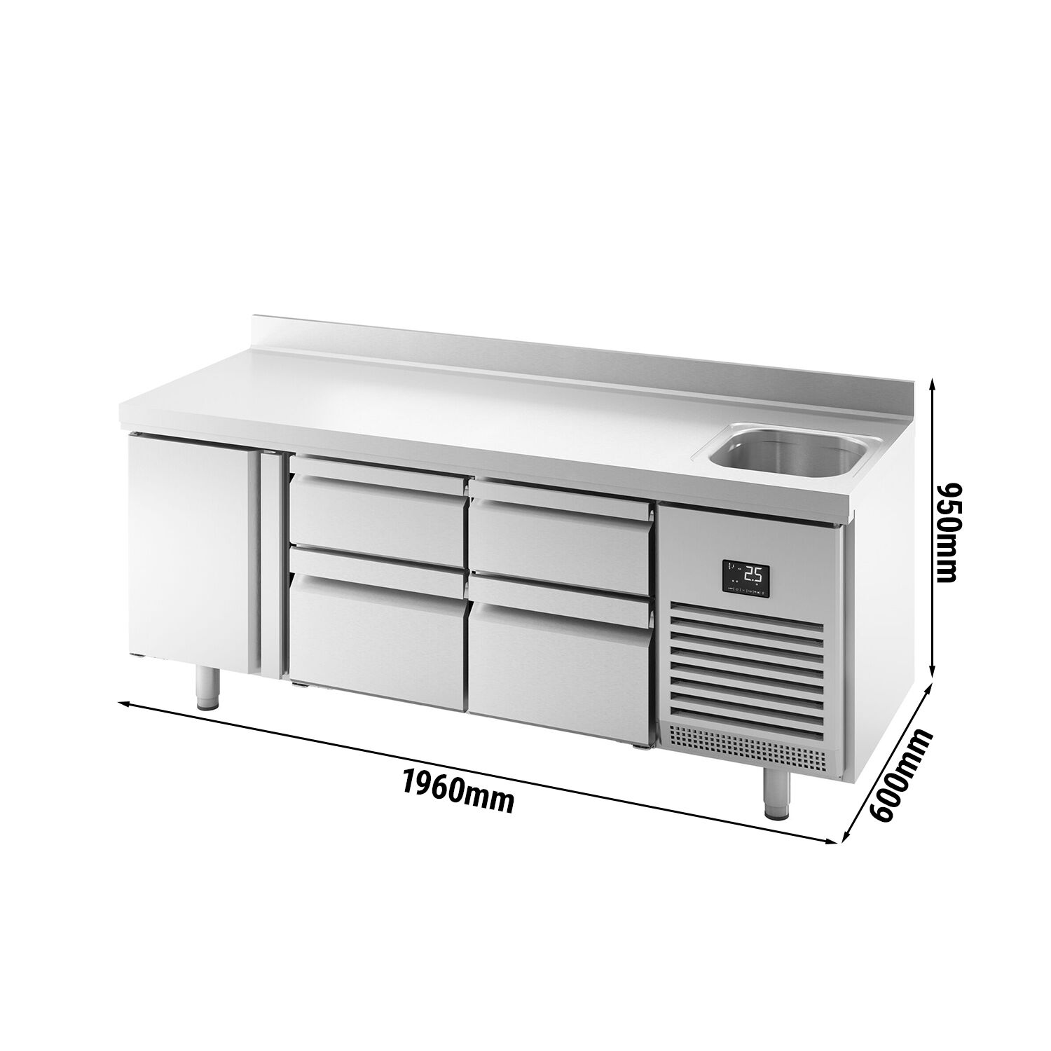 Table réfrigérée Premium PLUS - 1960 x 600 mm - avec 1 bac, 1 porte, 4 tiroirs - dosseret