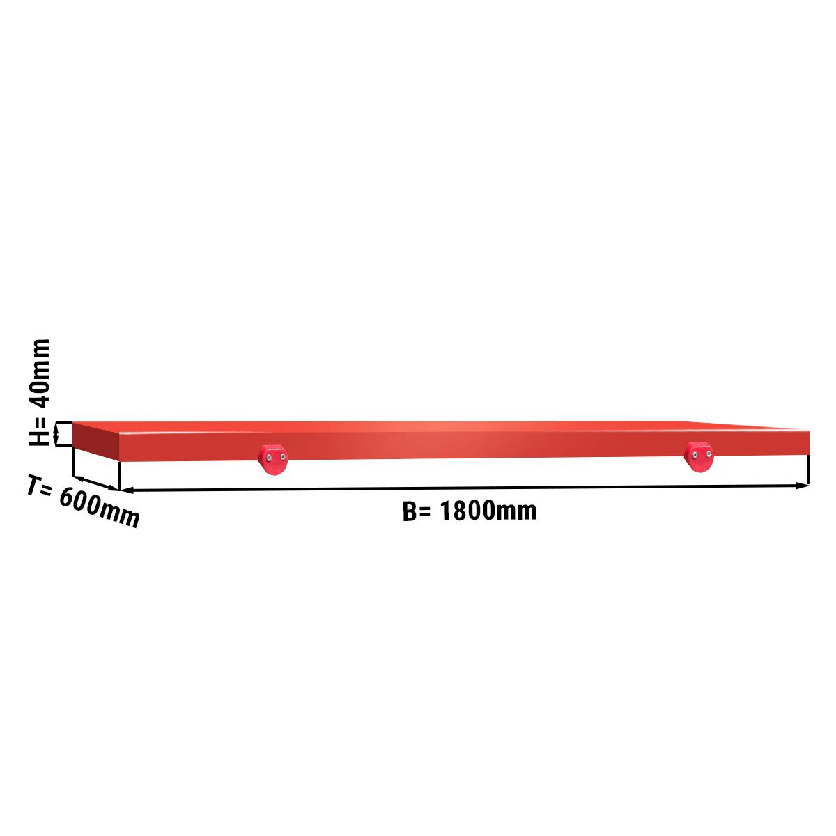 Snijplaat voor werktafel - 1800x600mm - Dikte: 40mm - HACCP-conform - HDPE 500 - Rood - Antislipvoetjes - Vaatwasmachinebestendig
