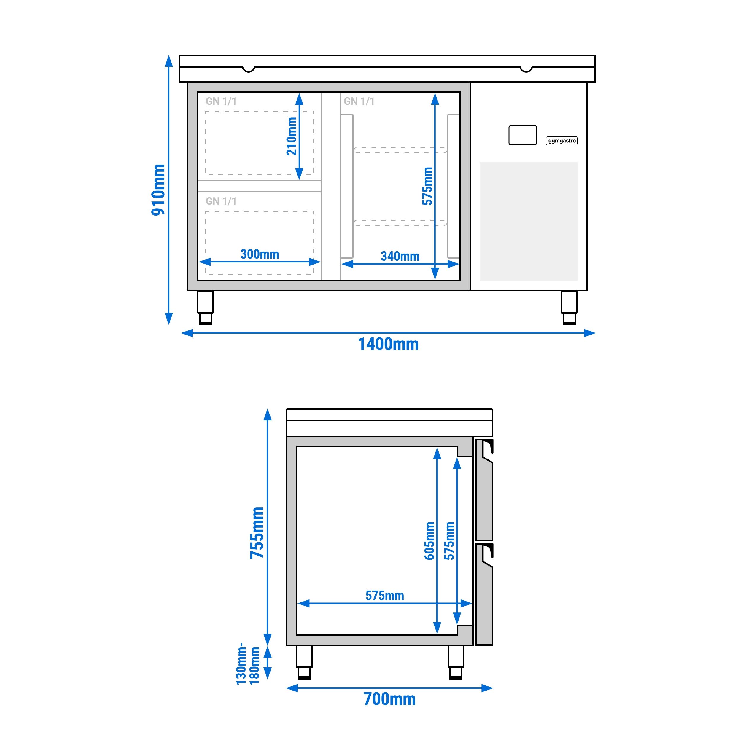 Table réfrigérée PREMIUM - 1400x700 mm - avec 1 porte - 2 tiroirs - incl. planche à découper blanche