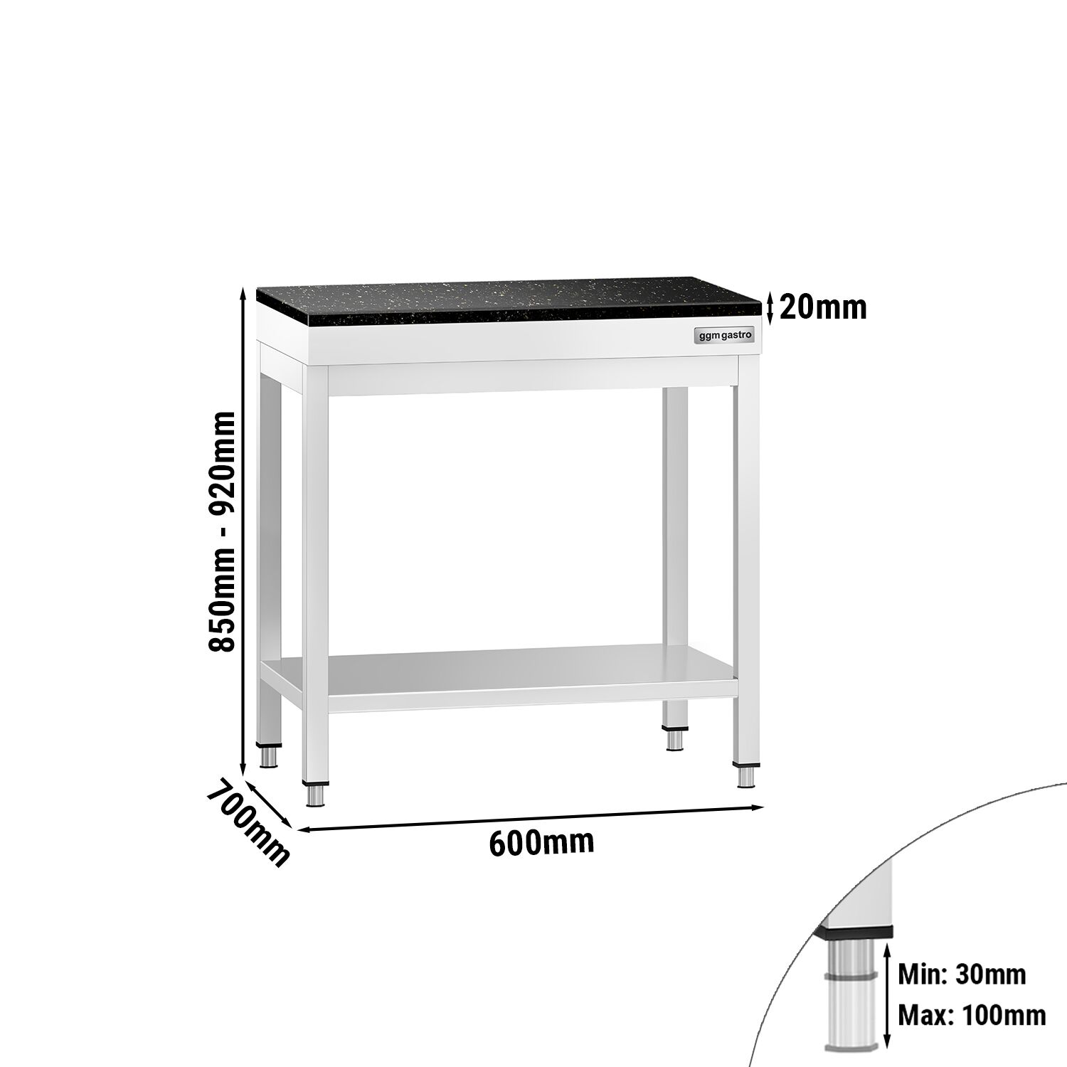Table de travail inox PREMIUM - 600 x 700 mm - avec tablette inférieure - incl. Plan de travail en Granit
