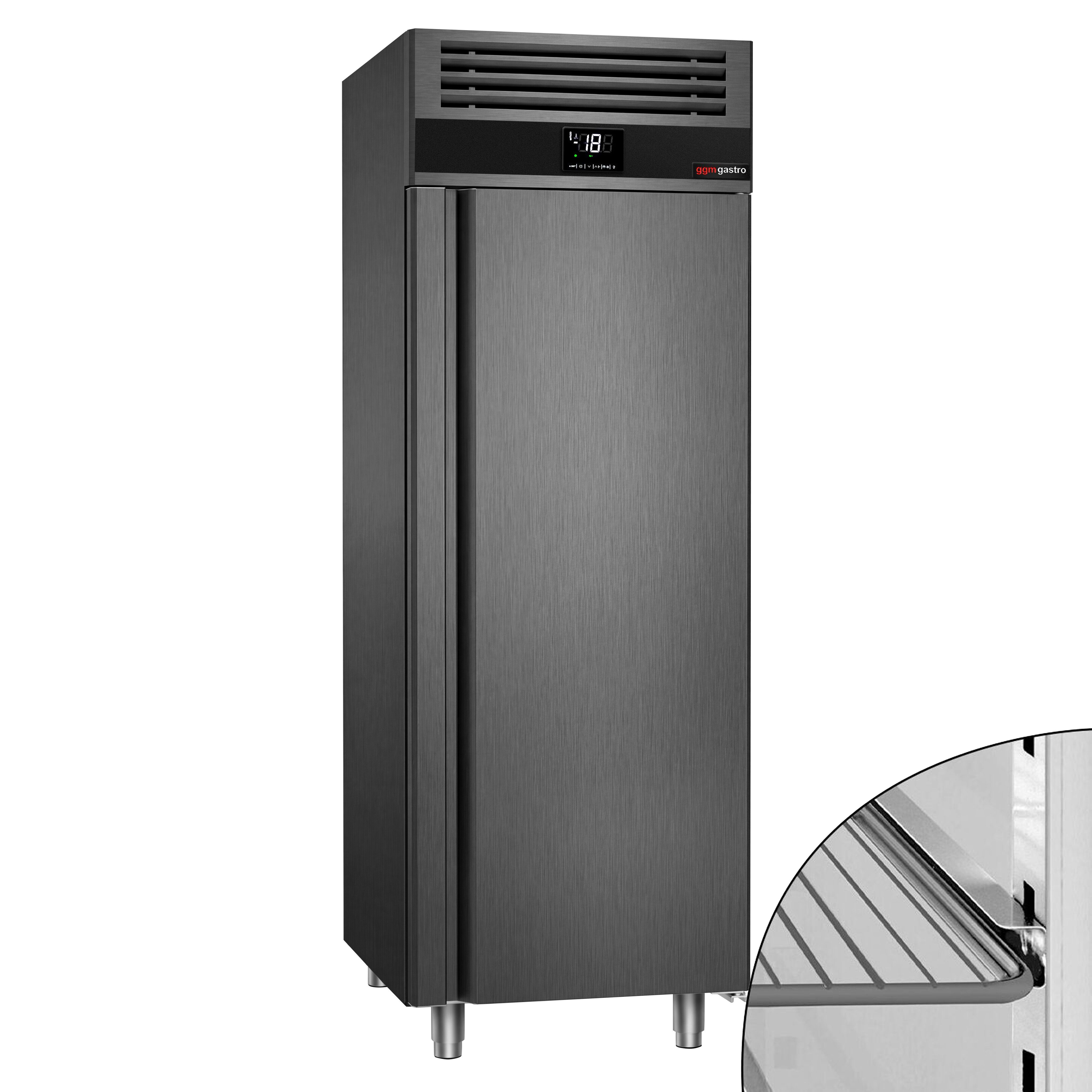 Armoire réfrigérée vitrée négative en acier inoxydable AISI 430 PREMIUM - GN 2/1 - 700 L - avec 1 porte vitrée & Glissières GN & 3 grilles GN 2/1 - Anthracite