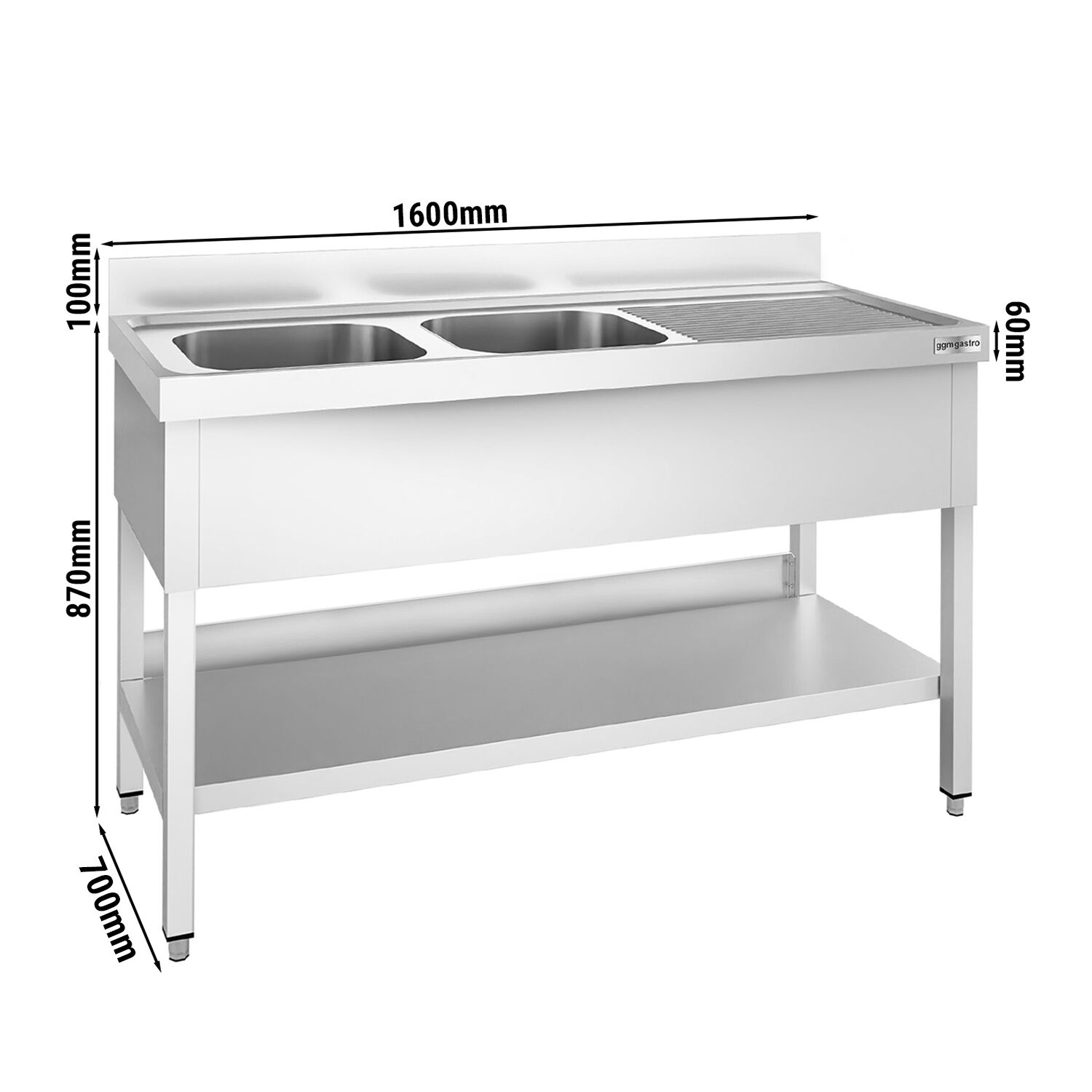 Plonge en inox PREMIUM - 1600x700mm - avec étagère basse - 2 bacs à gauche