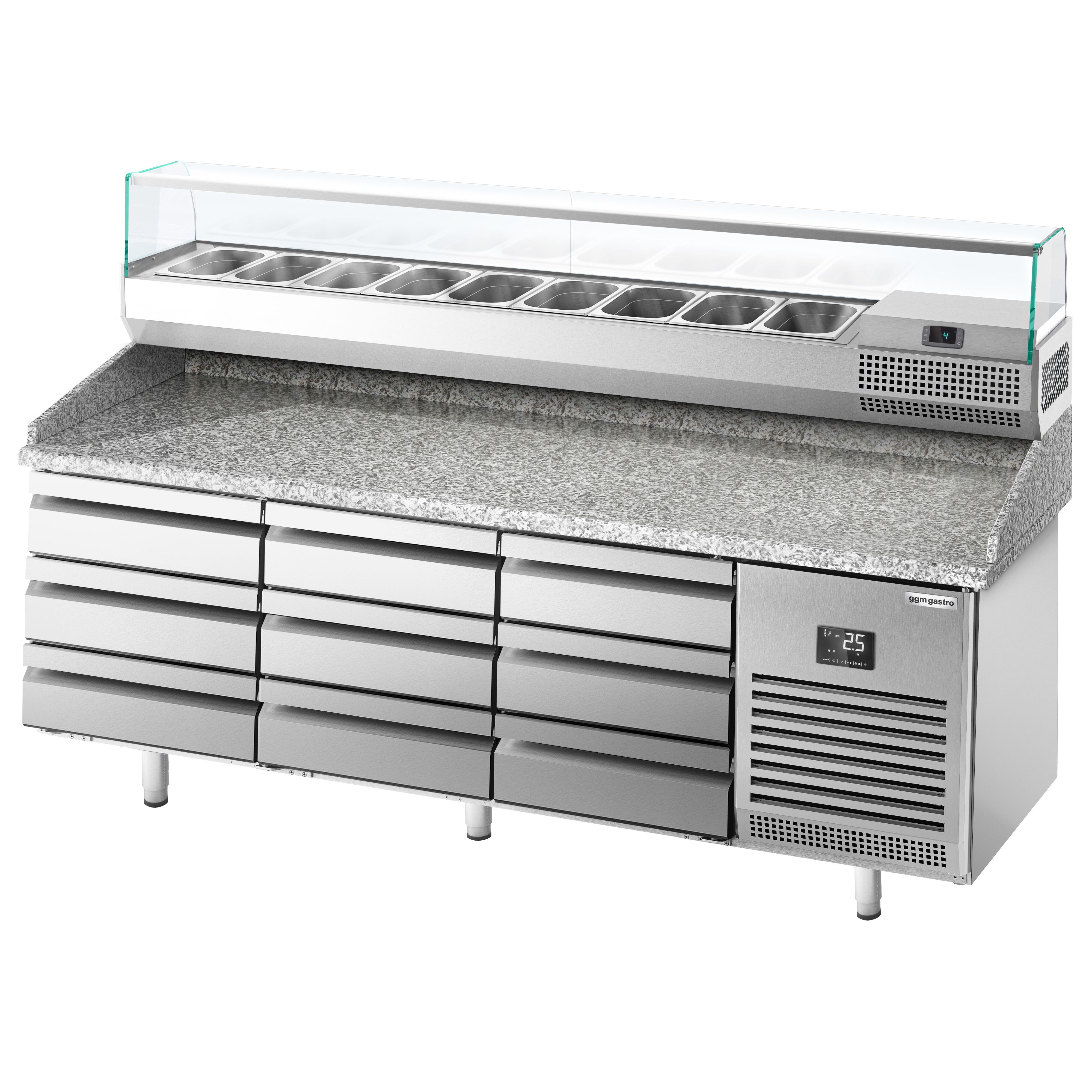 Table réfrigérée à pizza Premium PLUS - 1980x700 mm - avec 9 tiroirs - incl. vitrine réfrigérée - 9x GN 1/4