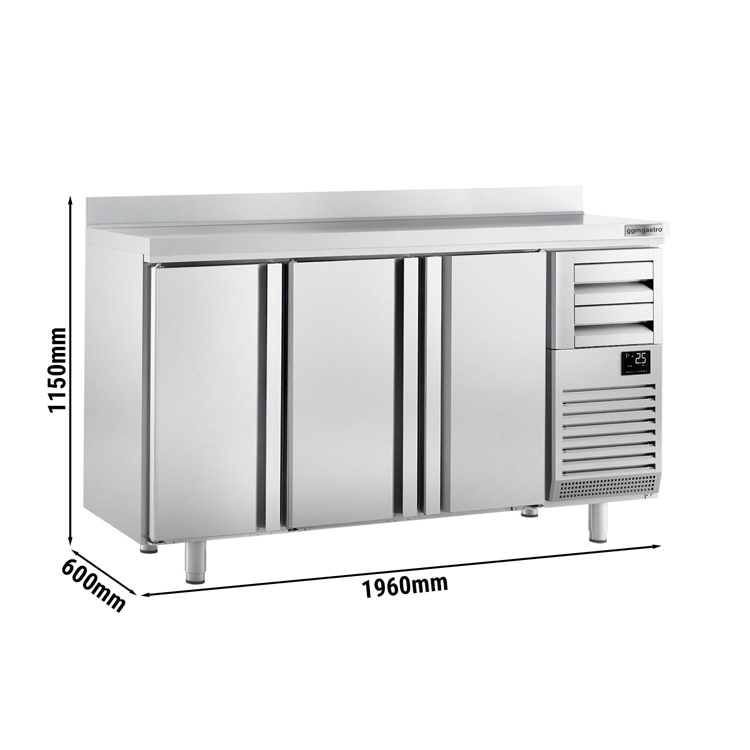 Arrière-bar réfrigéré professionnel Premium PLUS - 1960 x 600 mm - avec 3 portes, 2 tiroirs et dosseret
