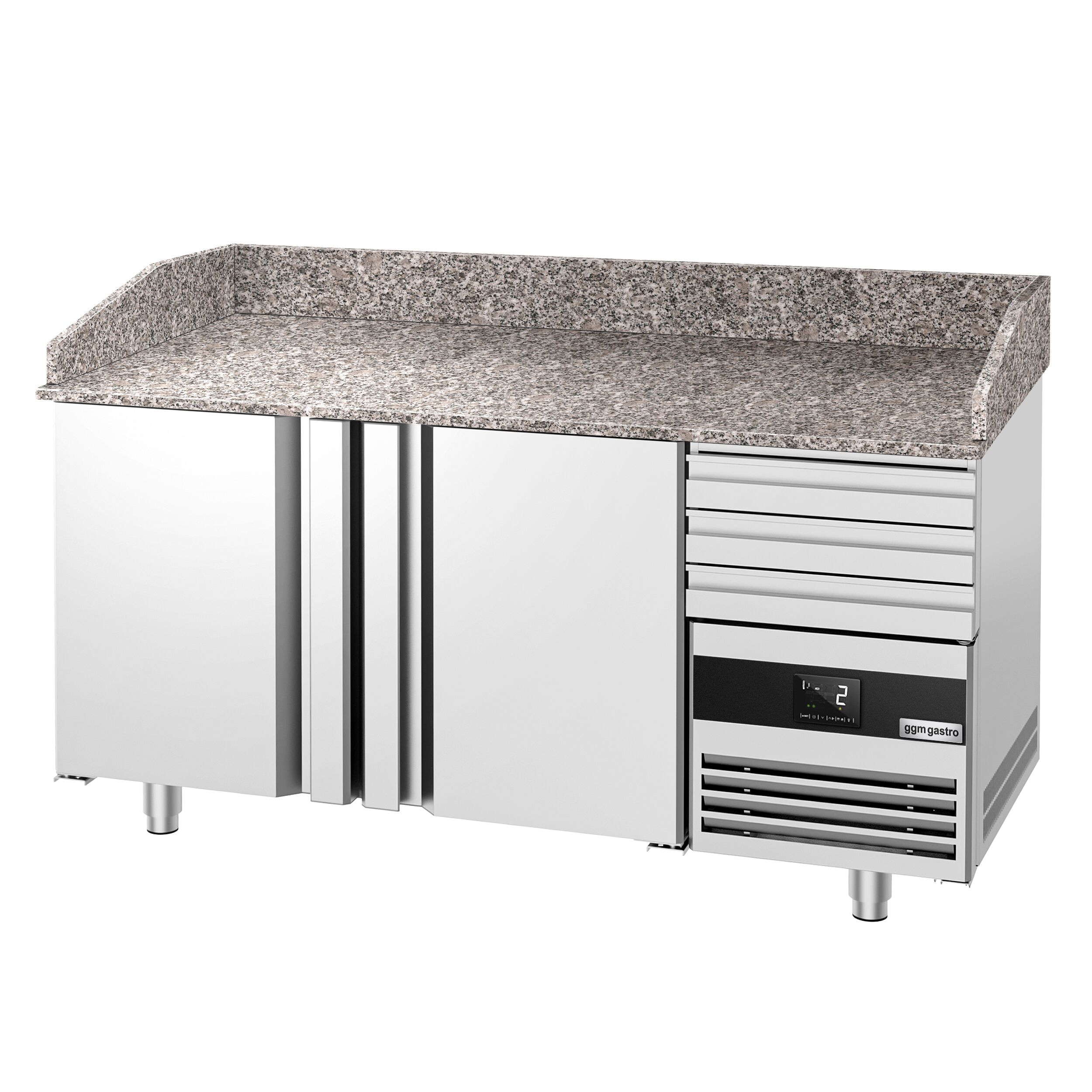 Commercial Pizza Prep Counter - Granite Top PREMIUM - 1600x800mm - with 2 doors & 3 drawers