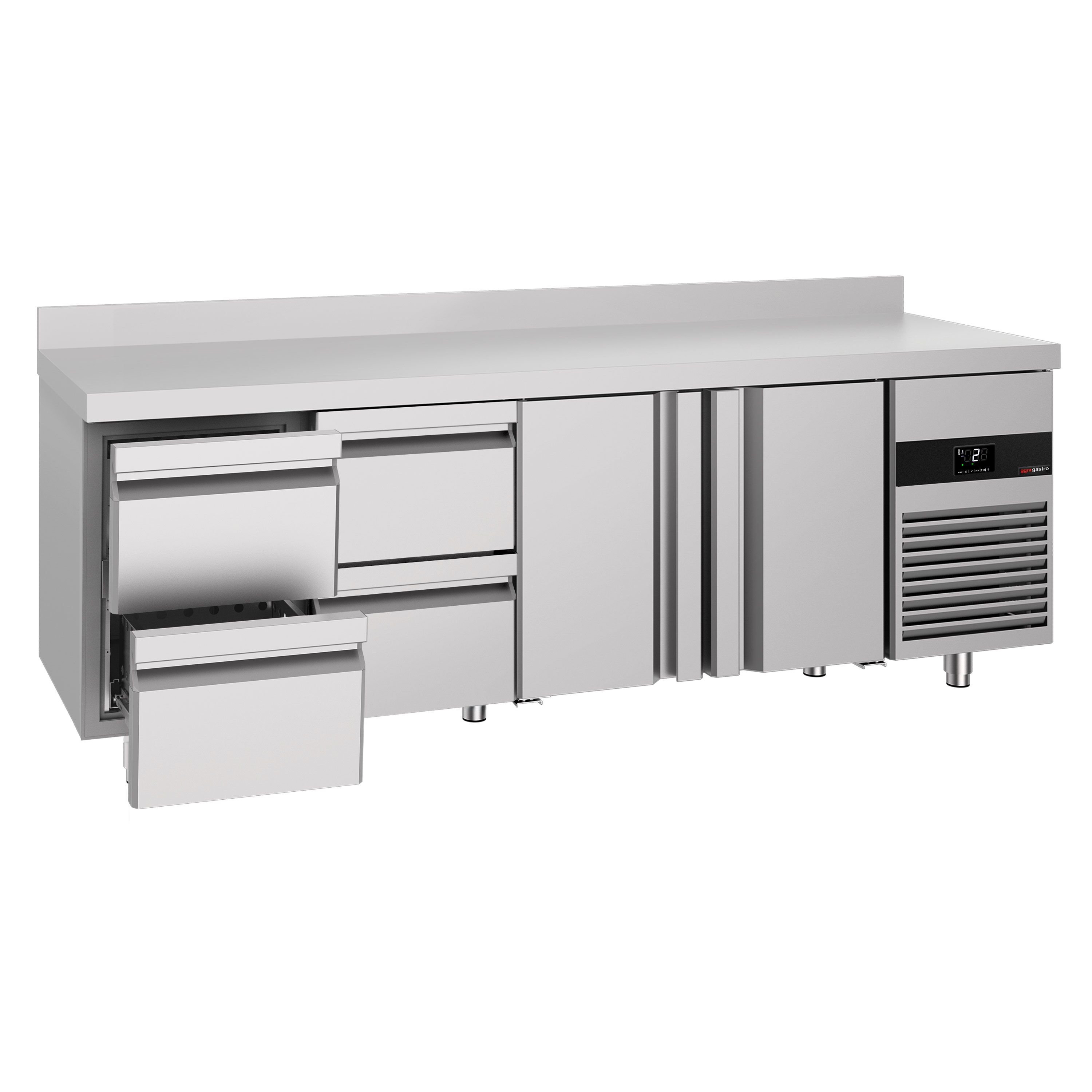 Table réfrigérée PREMIUM - 2330x700 mm - avec 2 portes - 4 tiroirs - avec dosseret