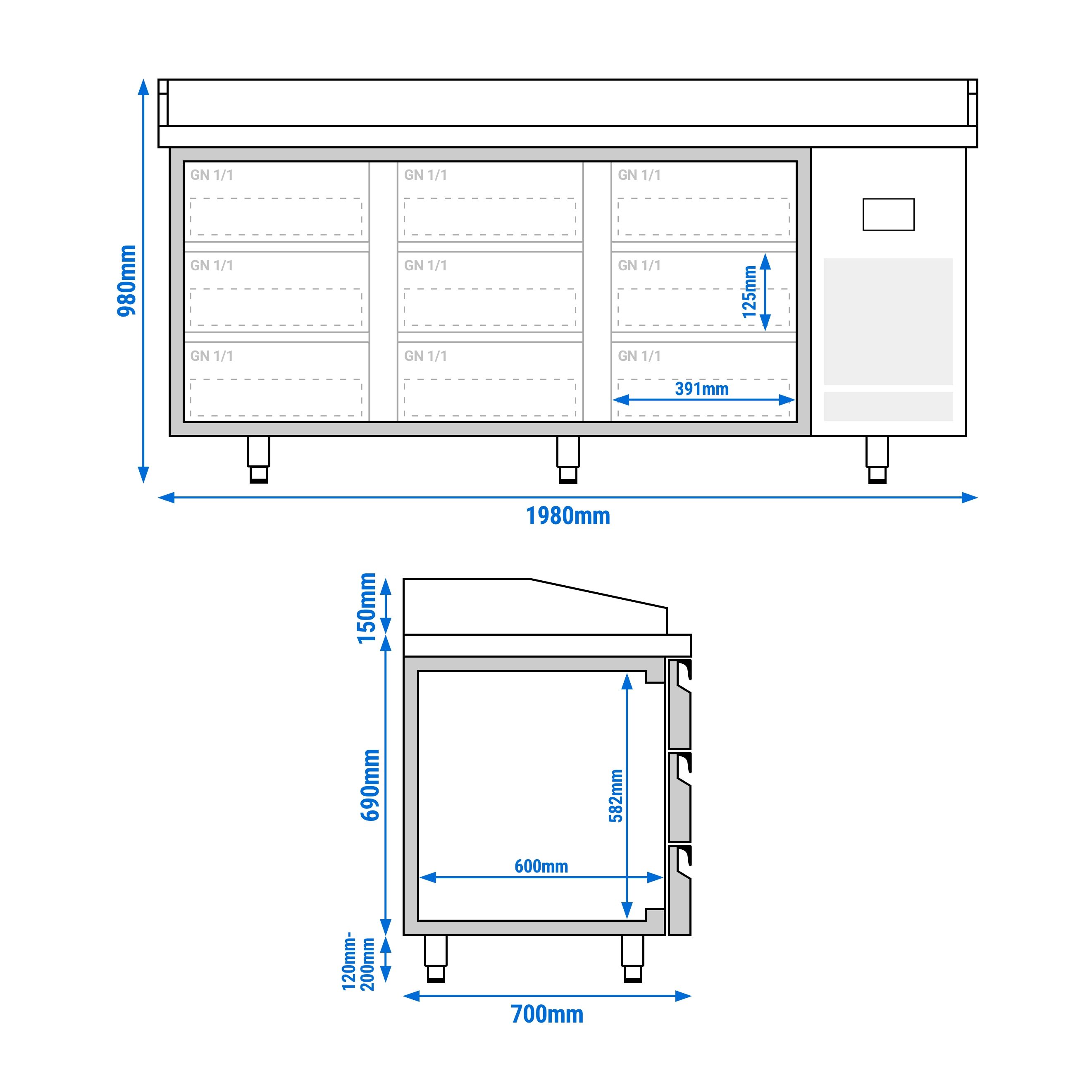 Commercial Pizza Prep Counter - Granite Top PREMIUM PLUS - 1980x700mm - with 0 doors & 9 dough drawers