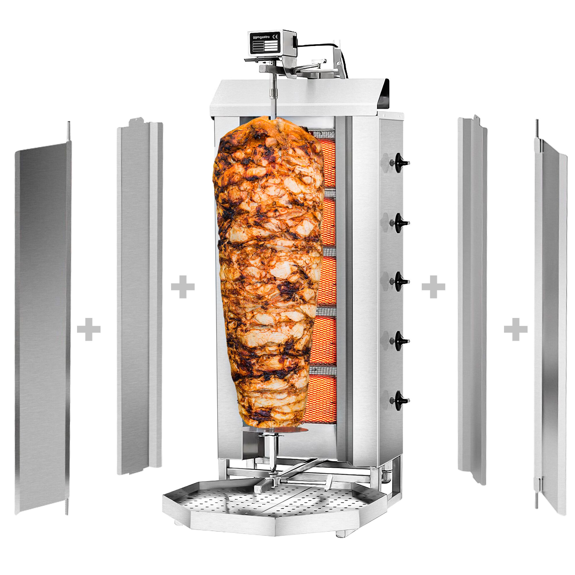 Gas Doner Kebab Grill (Shawarma/Gyros) - 5 Burner - up to 80kg - 16.25kW - Countertop - incl. 2 splash guards & 2 double doors