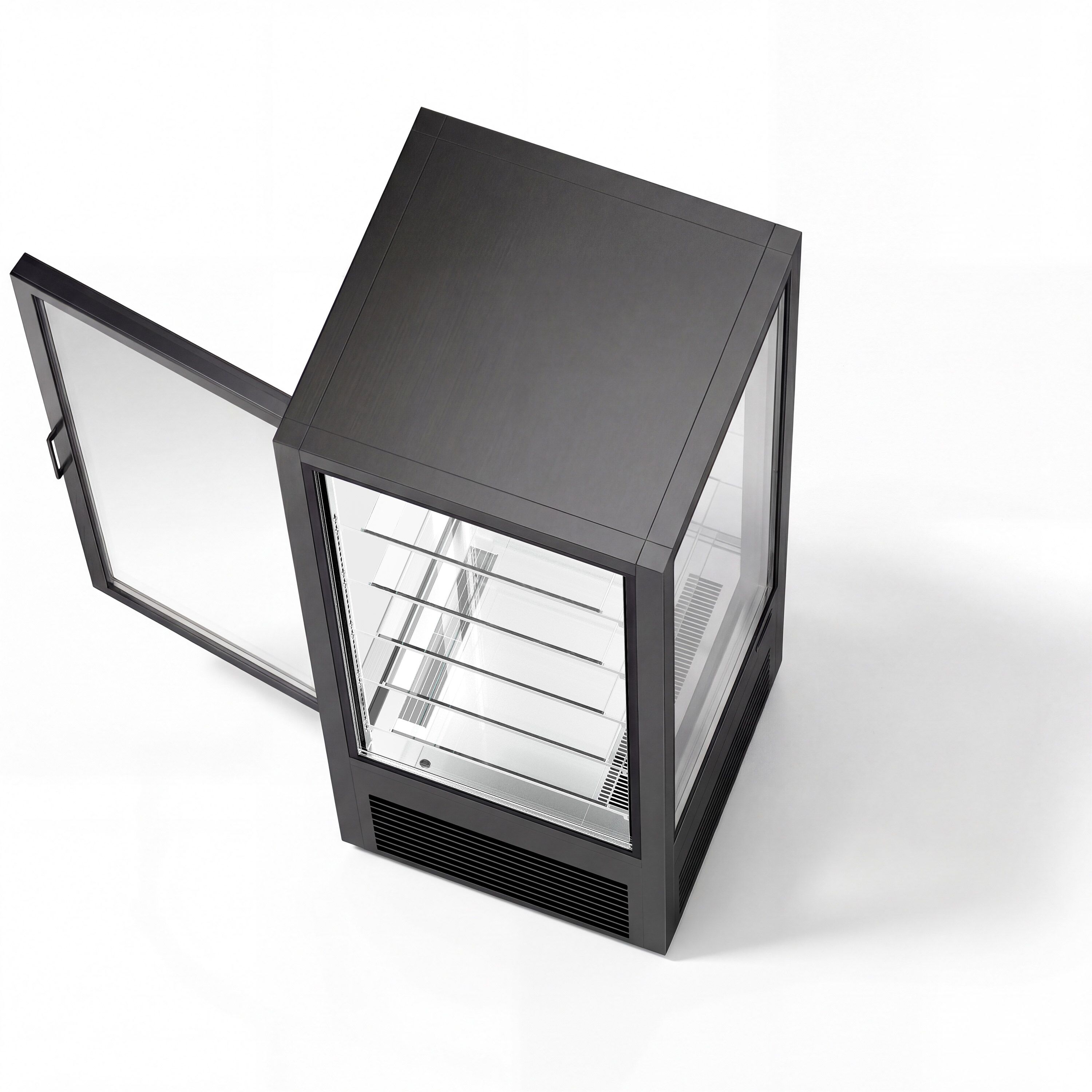 Vitrine réfrigérée 4 faces vitrées / Vitrine panoramique – 440 litres – 1 porte en verre – 5 étagères – Noir