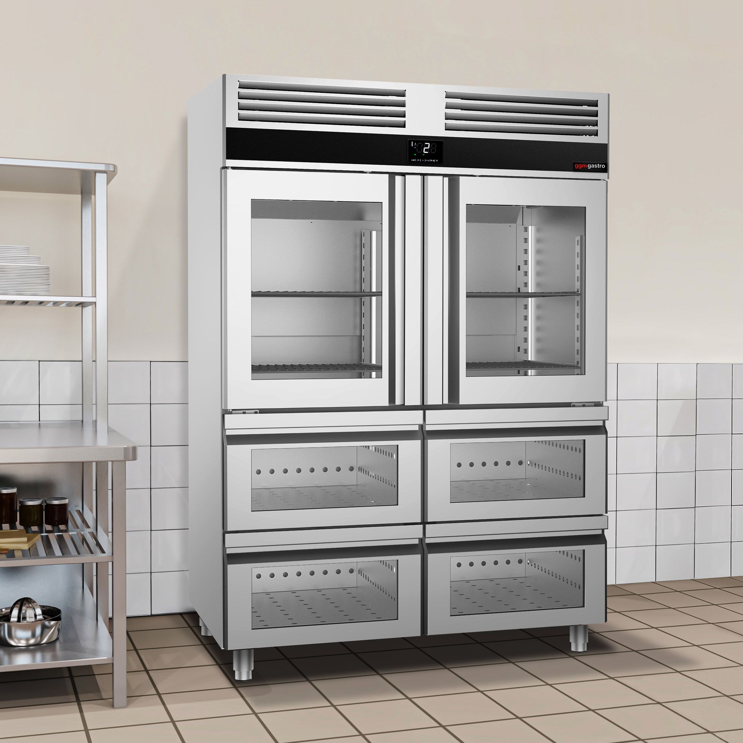 Armoire réfrigérée positive en acier inoxydable PREMIUM - GN 2/1 - 1400 L - avec 2 portes vitrées & 6 glissières & 6 grilles GN 2/1