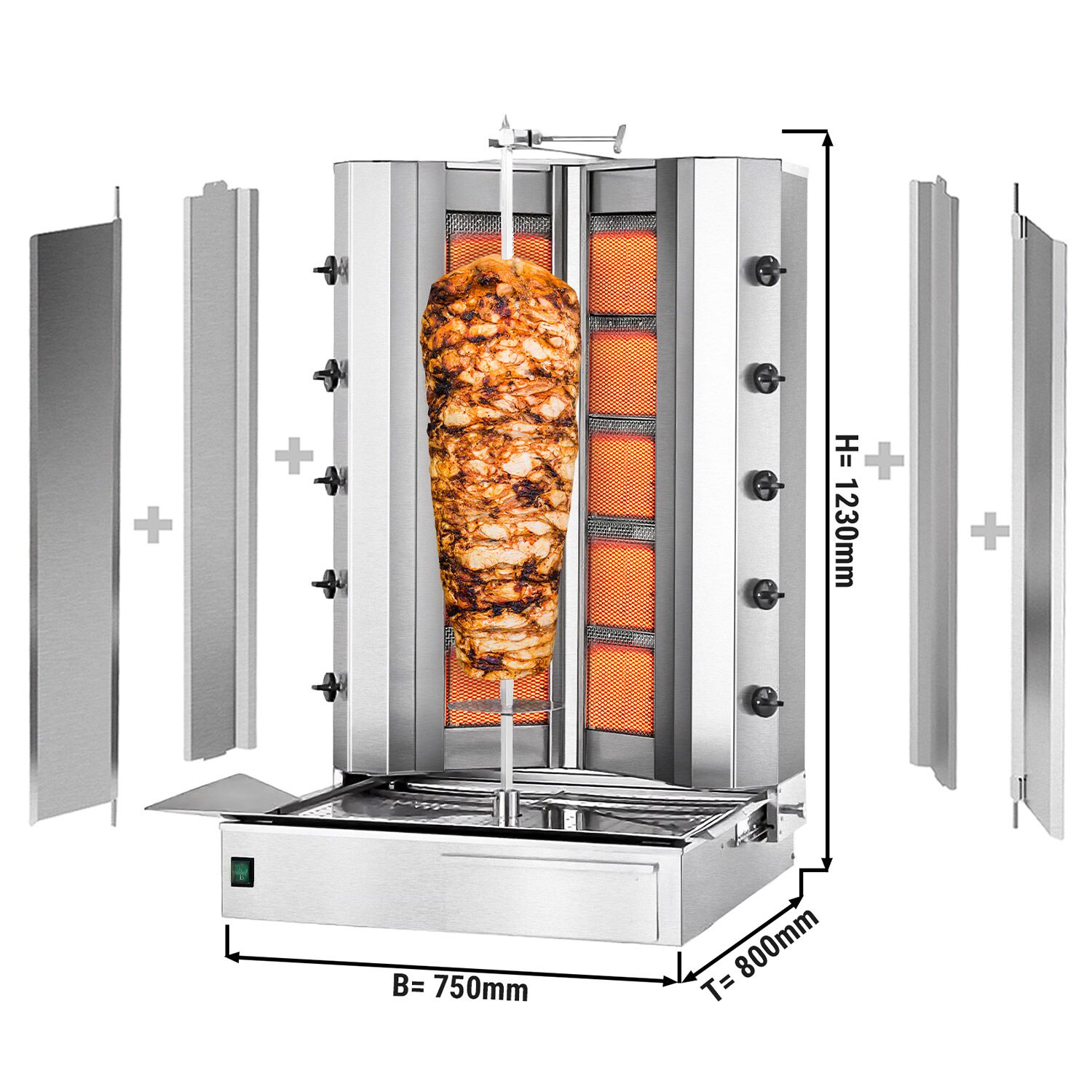 Gas Doner Kebab Grill (Shawarma/Gyros) - 10 Burner - up to 120kg - 32.5kW - Countertop - incl. 2 splash guards & 2 double doors