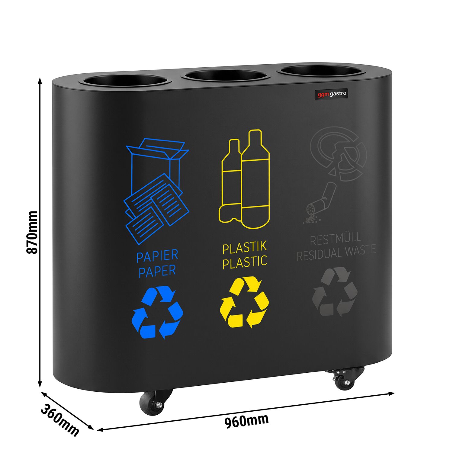 Waste sorting system – 3 bins, 30 litres each – black